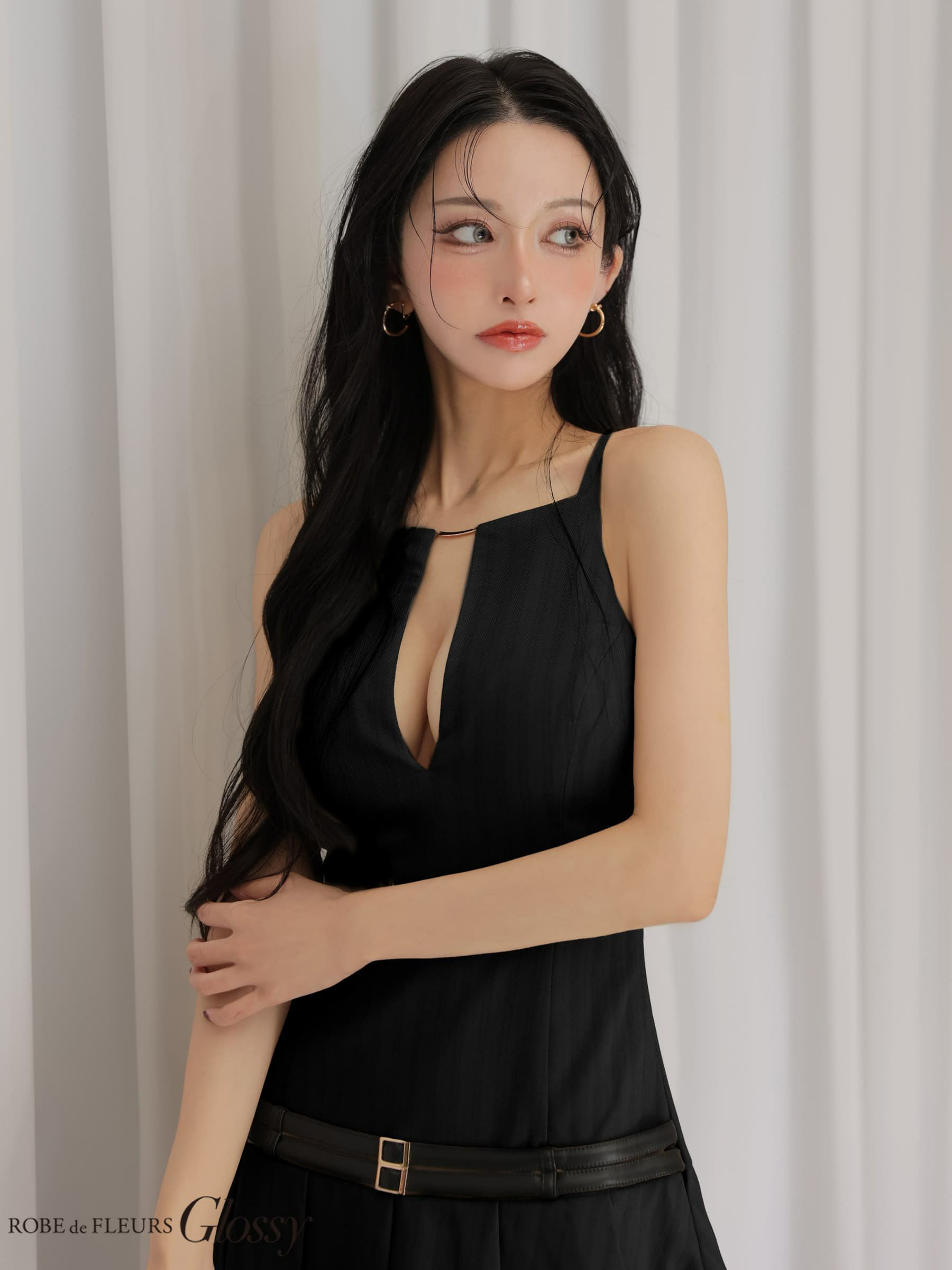 Glossy ローブドフルールグロッシー 【XSサイズあり】 ヘリンボーンレザーベルトフレアミニキャバドレス gl4158-c