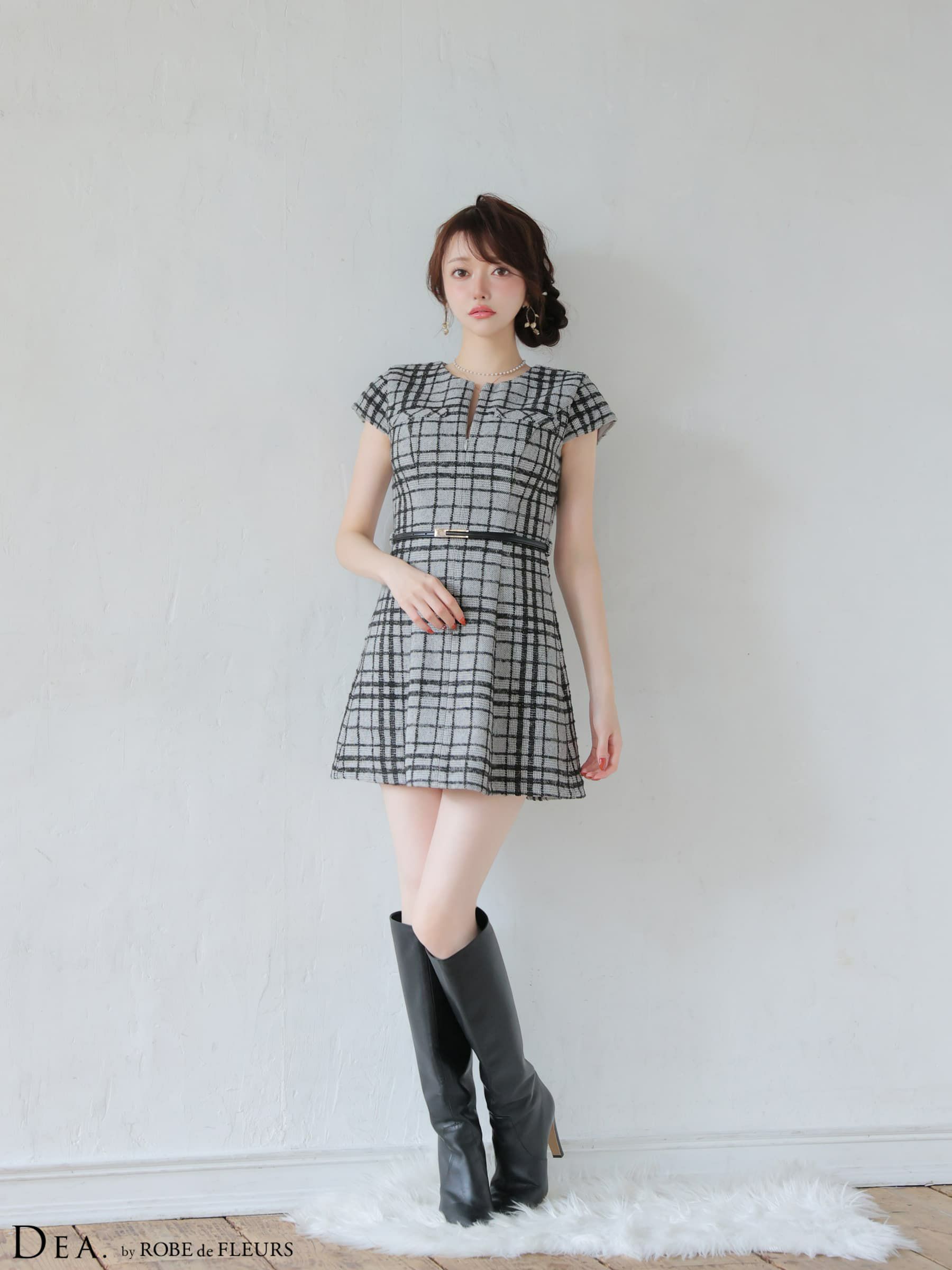 DEA. ディア バイ ローブドフルール 【XS～Lサイズあり】 チェックツイード袖付きプリーツスカートミニキャバドレス de4330-c