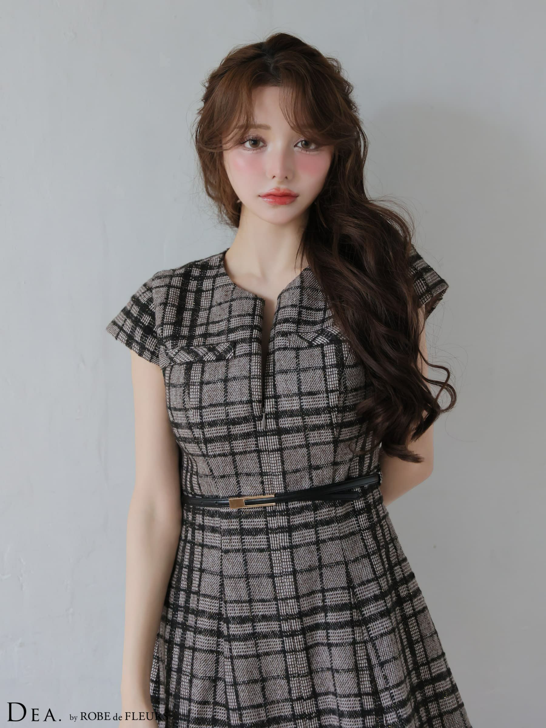 DEA. ディア バイ ローブドフルール 【XS～Lサイズあり】 チェックツイード袖付きプリーツスカートミニキャバドレス de4330-c