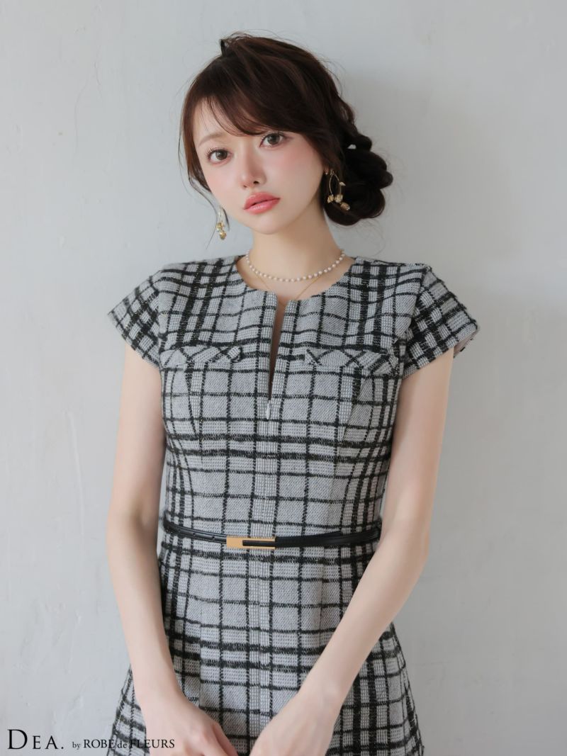 DEA. ディア バイ ローブドフルール 【XS～Lサイズあり】 チェックツイード袖付きプリーツスカートミニキャバドレス de4330-c