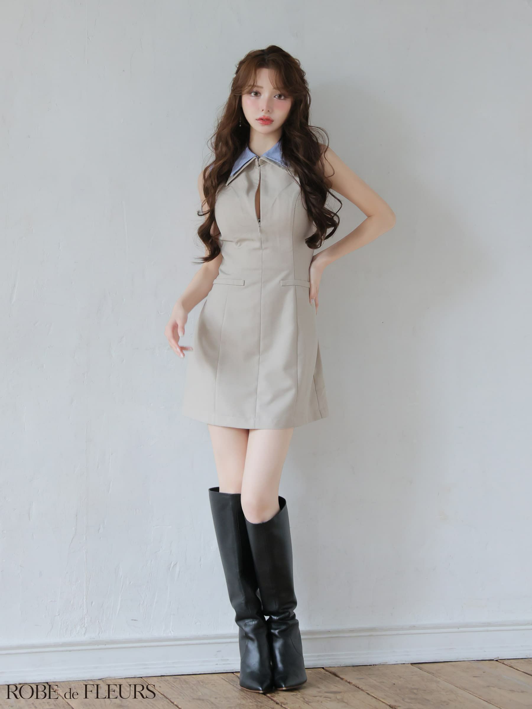 ROBE de FLEURS ローブドフルール 【XS～Lサイズあり】襟付きノースリーブタイトミニキャバドレス fm4228-c