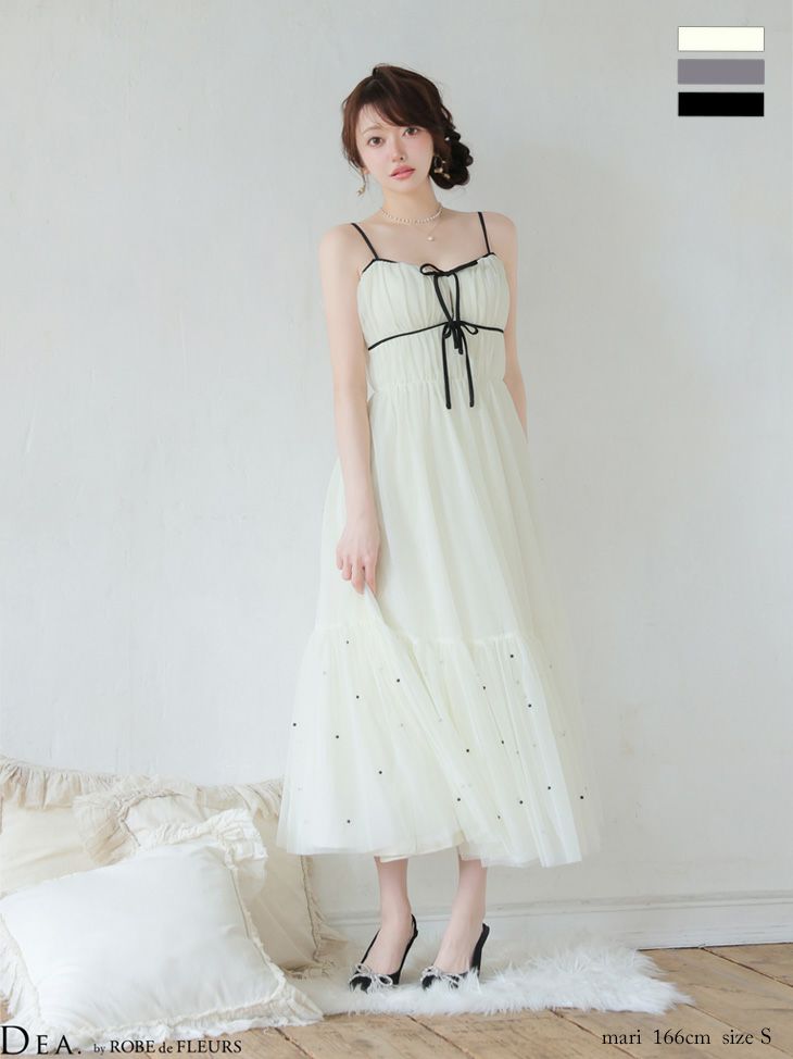 ROBE de FLEURS ローブドフルール 【XSサイズあり】 ドットパールリボン チュールフレアロングキャバドレス fm4335