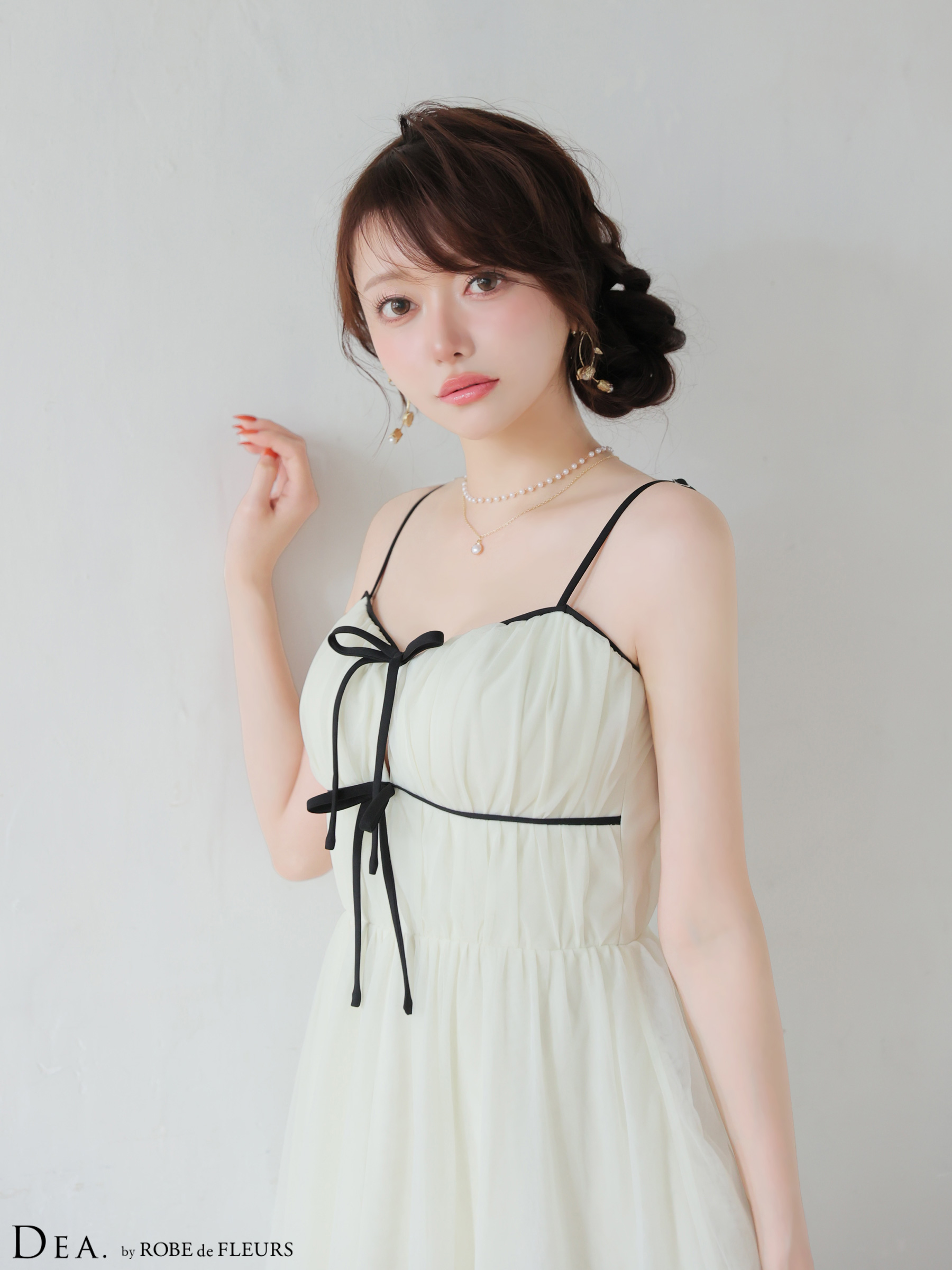 ROBE de FLEURS ローブドフルール 【XSサイズあり】 ドットパールリボン チュールフレアロングキャバドレス fm4335