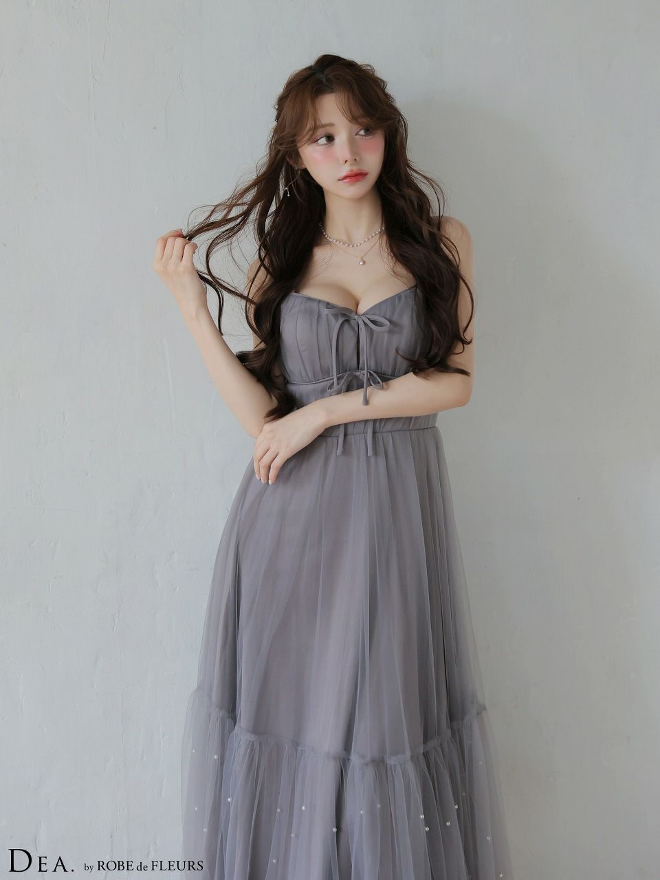 ROBE de FLEURS ローブドフルール 【XSサイズあり】 ドットパールリボン チュールフレアロングキャバドレス fm4335