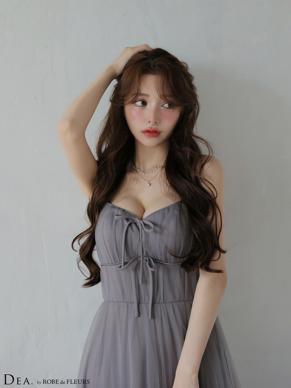 ROBE de FLEURS ローブドフルール 【XSサイズあり】 ドットパールリボン チュールフレアロングキャバドレス fm4335