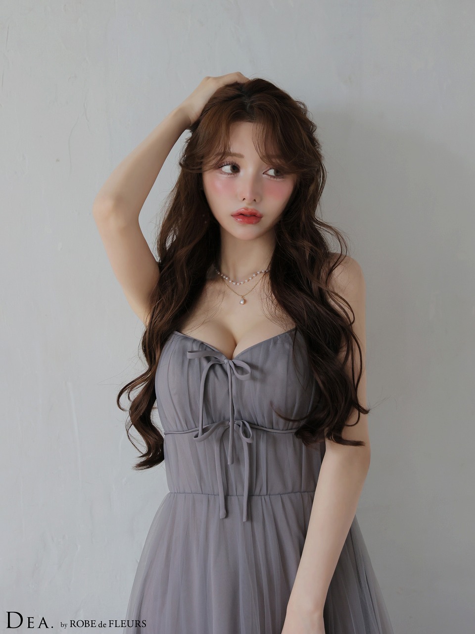 ROBE de FLEURS ローブドフルール 【XSサイズあり】 ドットパールリボン チュールフレアロングキャバドレス fm4335