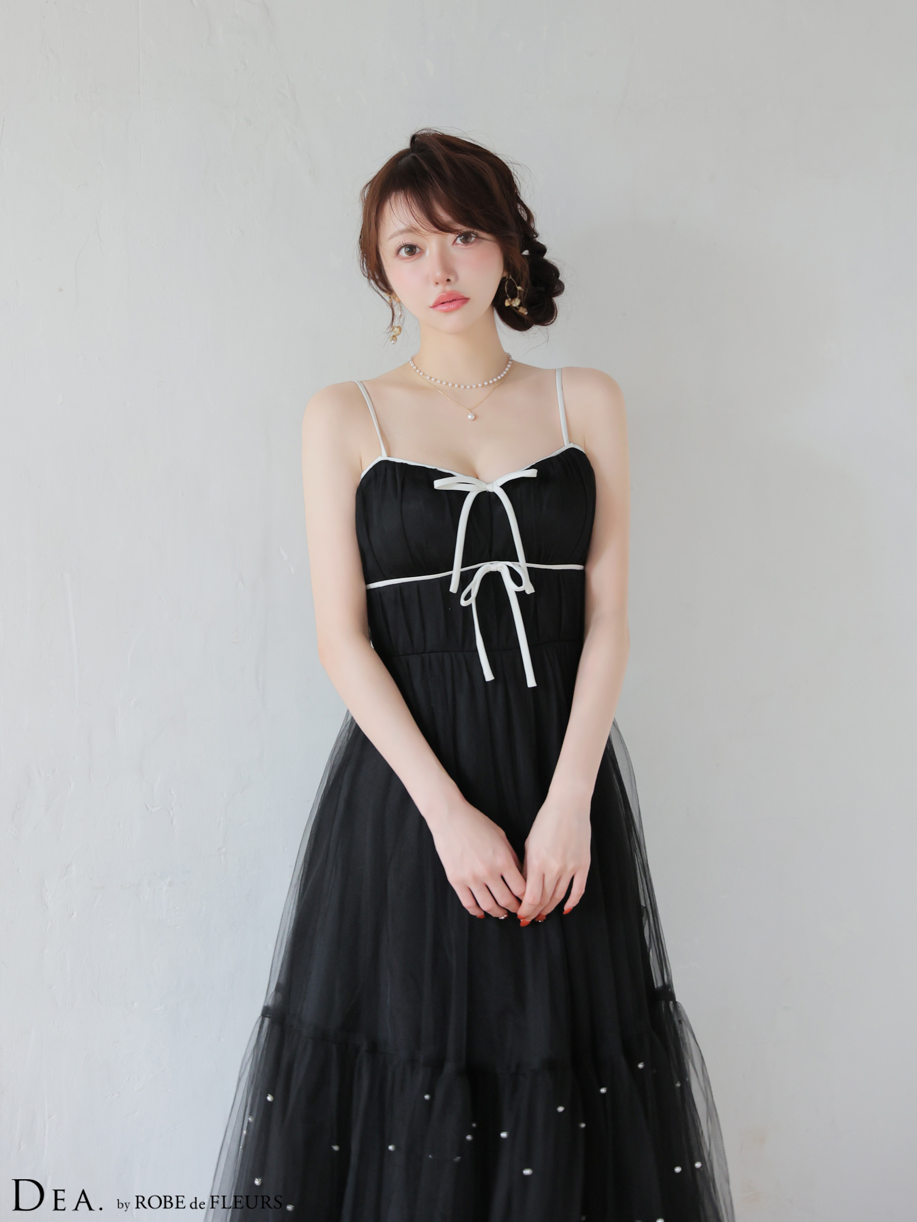 ROBE de FLEURS ローブドフルール 【XSサイズあり】 ドットパールリボン チュールフレアロングキャバドレス fm4335