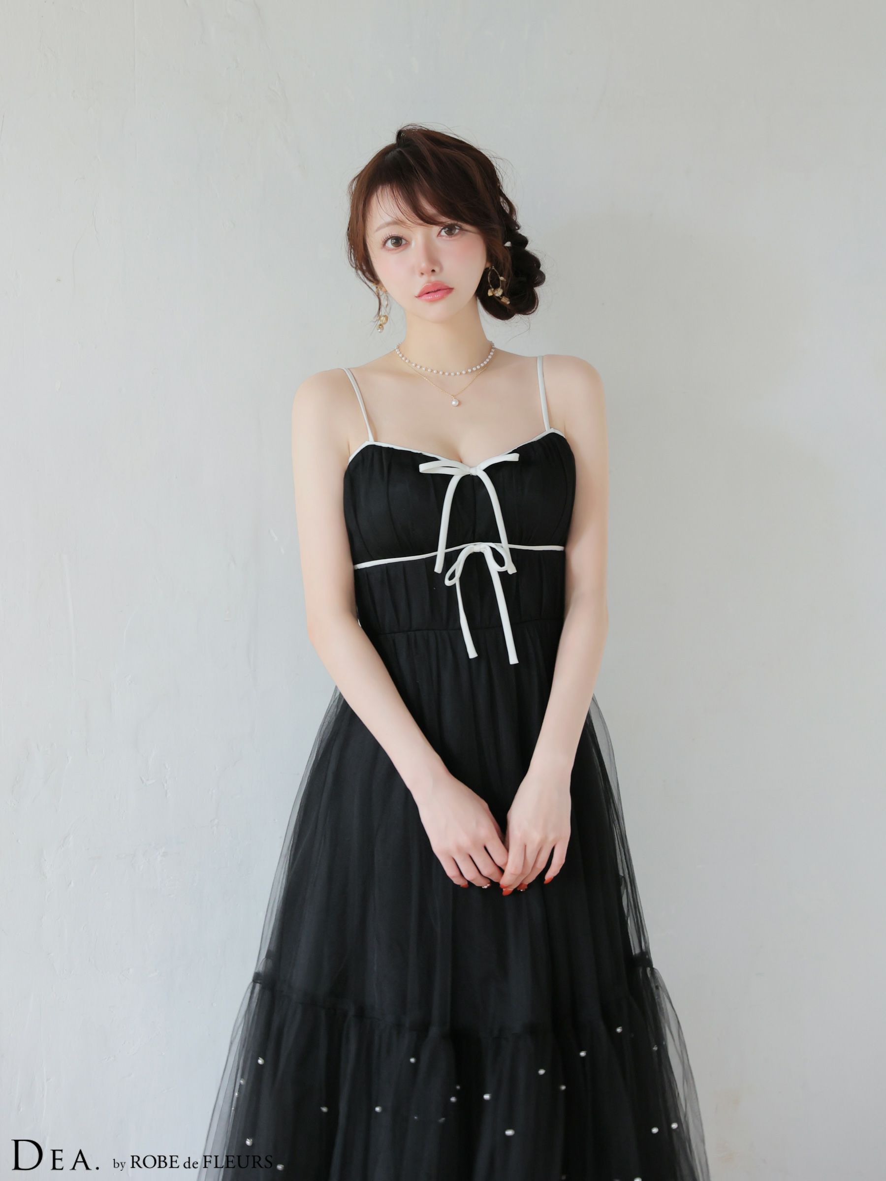 ROBE de FLEURS ローブドフルール 【XSサイズあり】 ドットパールリボン チュールフレアロングキャバドレス fm4335