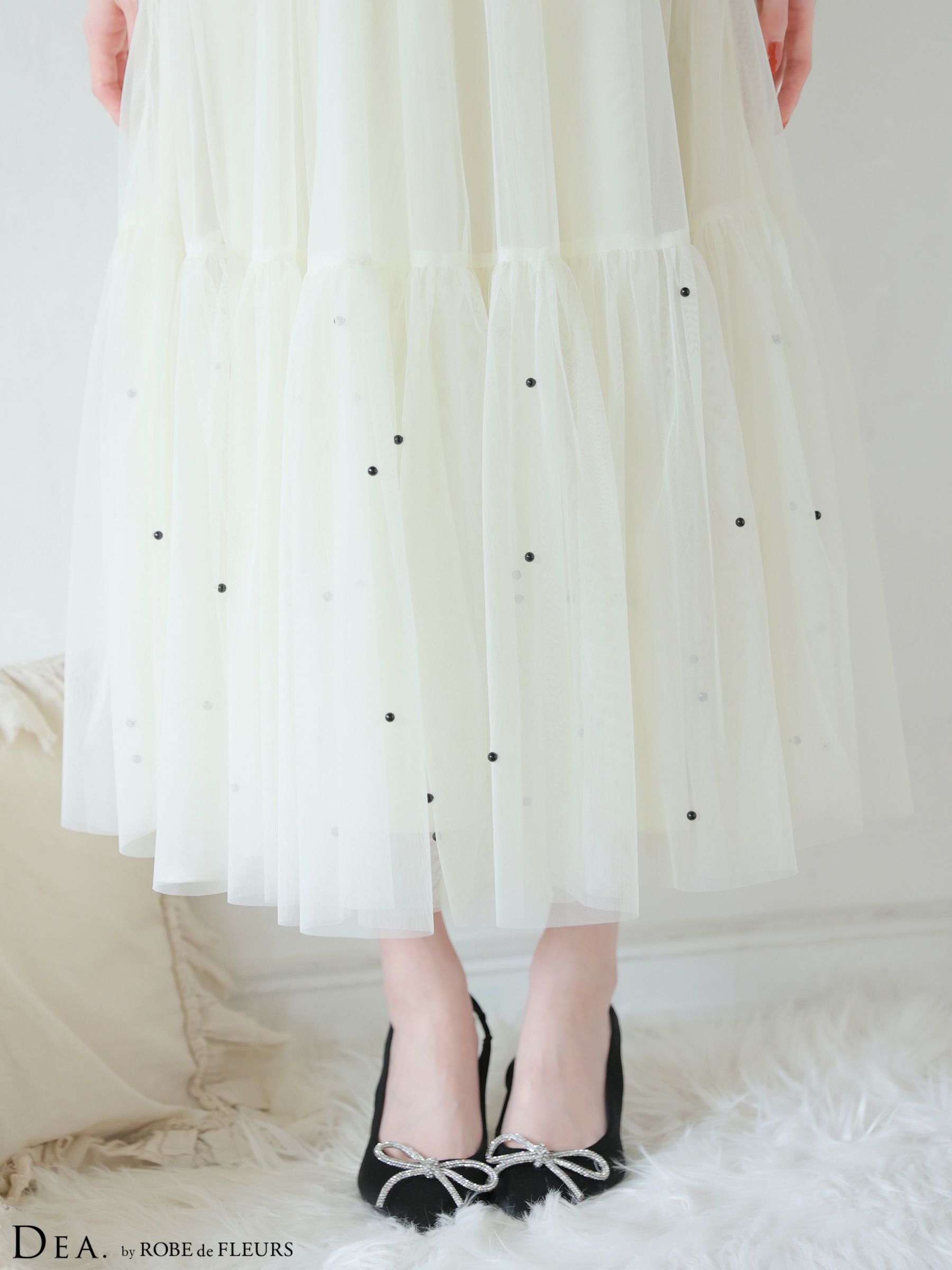 ROBE de FLEURS ローブドフルール 【XSサイズあり】 ドットパールリボン チュールフレアロングキャバドレス fm4335