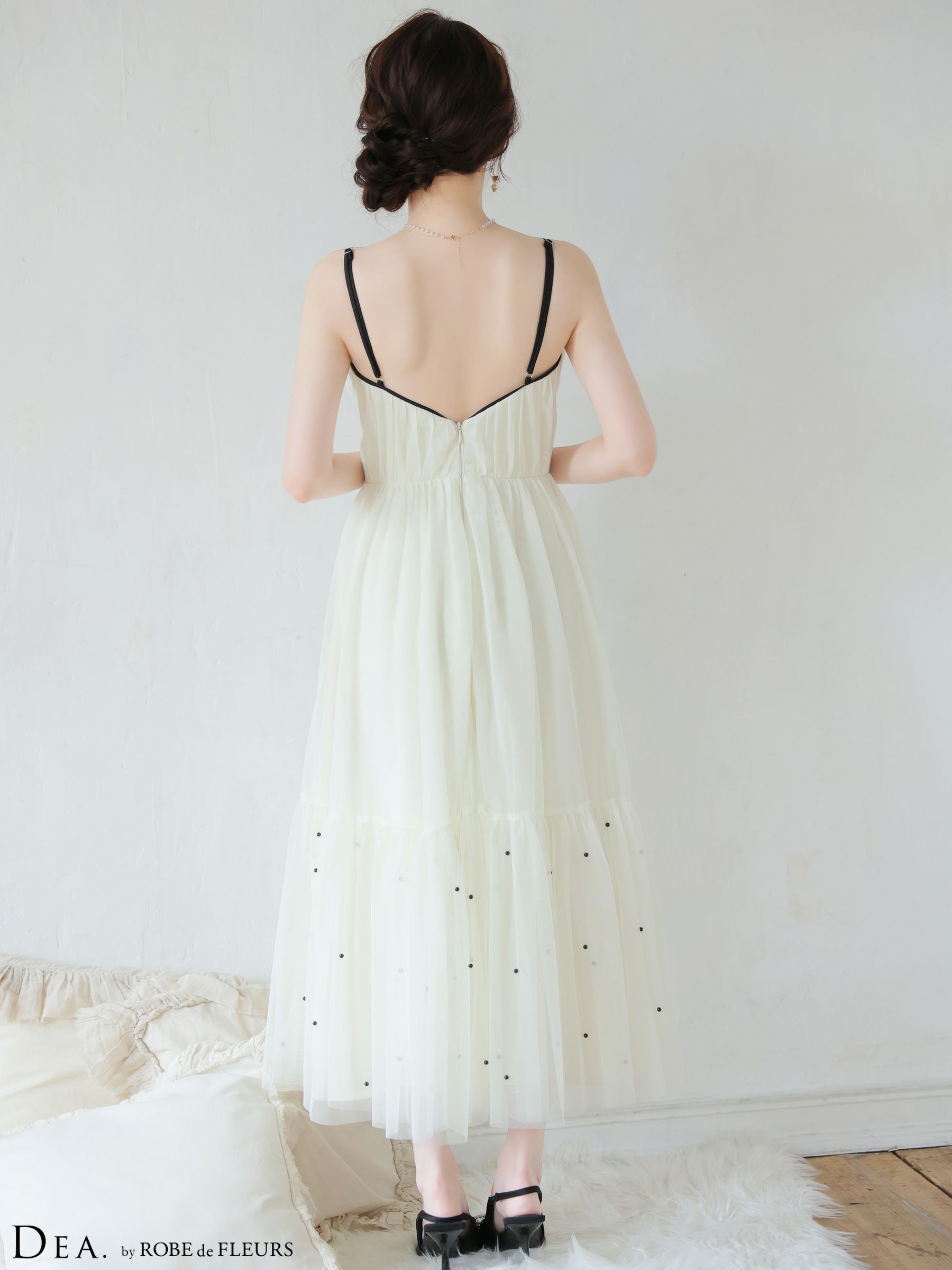 ROBE de FLEURS ローブドフルール 【XSサイズあり】 ドットパールリボン チュールフレアロングキャバドレス fm4335