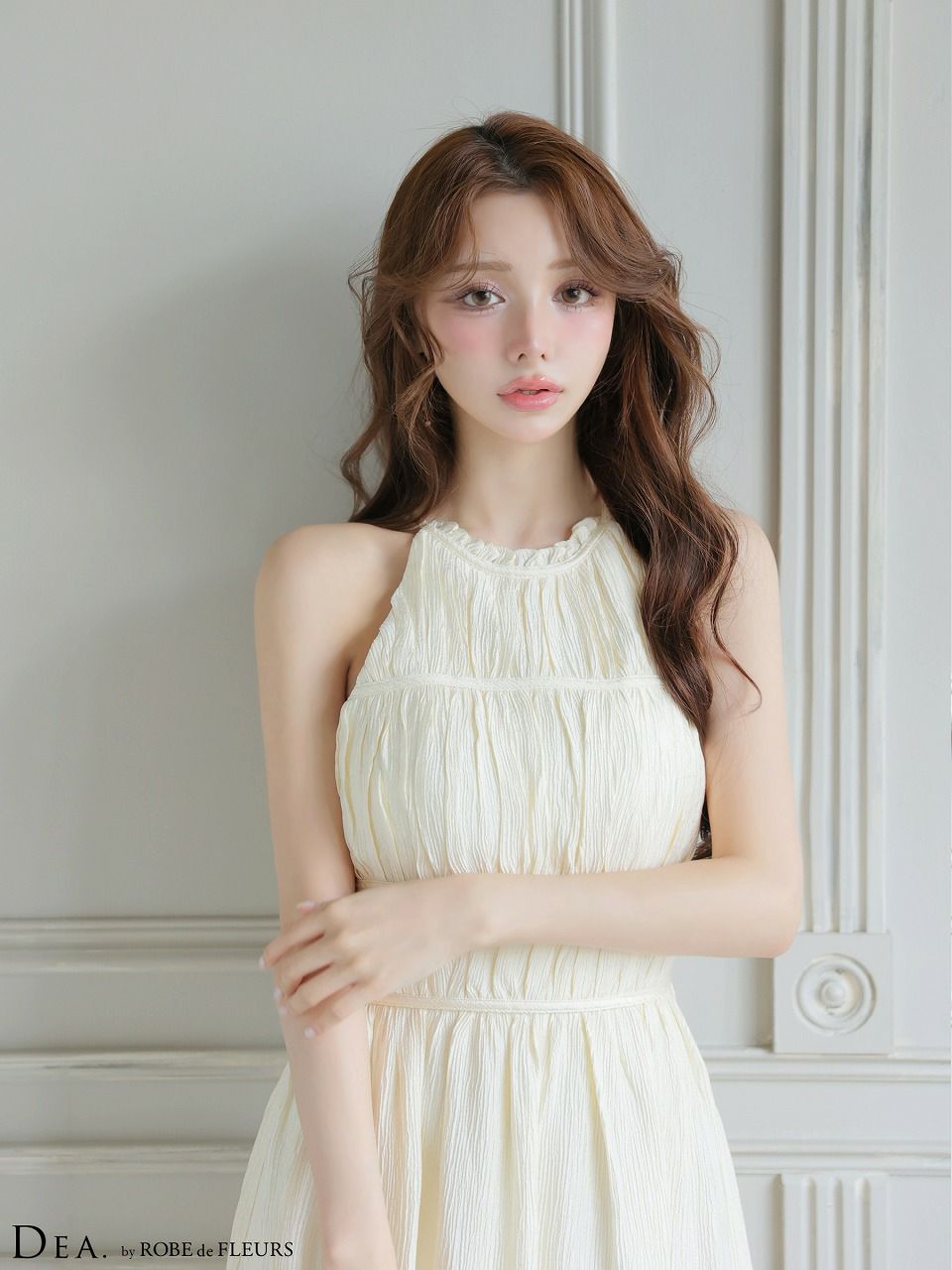 DEA. ディア バイ ローブドフルール 【S～Lサイズあり】 ホルターネックサテンティアードフレアロングキャバドレス de4615