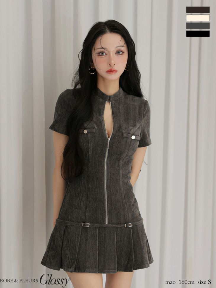 Glossy ローブドフルールグロッシー 【XSサイズあり】起毛ニットジップアップ半袖セットアップミニキャバドレス gl3964