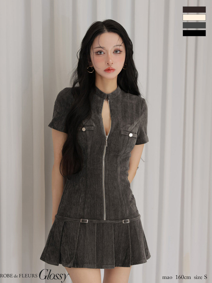 Glossy ローブドフルールグロッシー 【XSサイズあり】起毛ニットジップアップ半袖セットアップミニキャバドレス gl3964