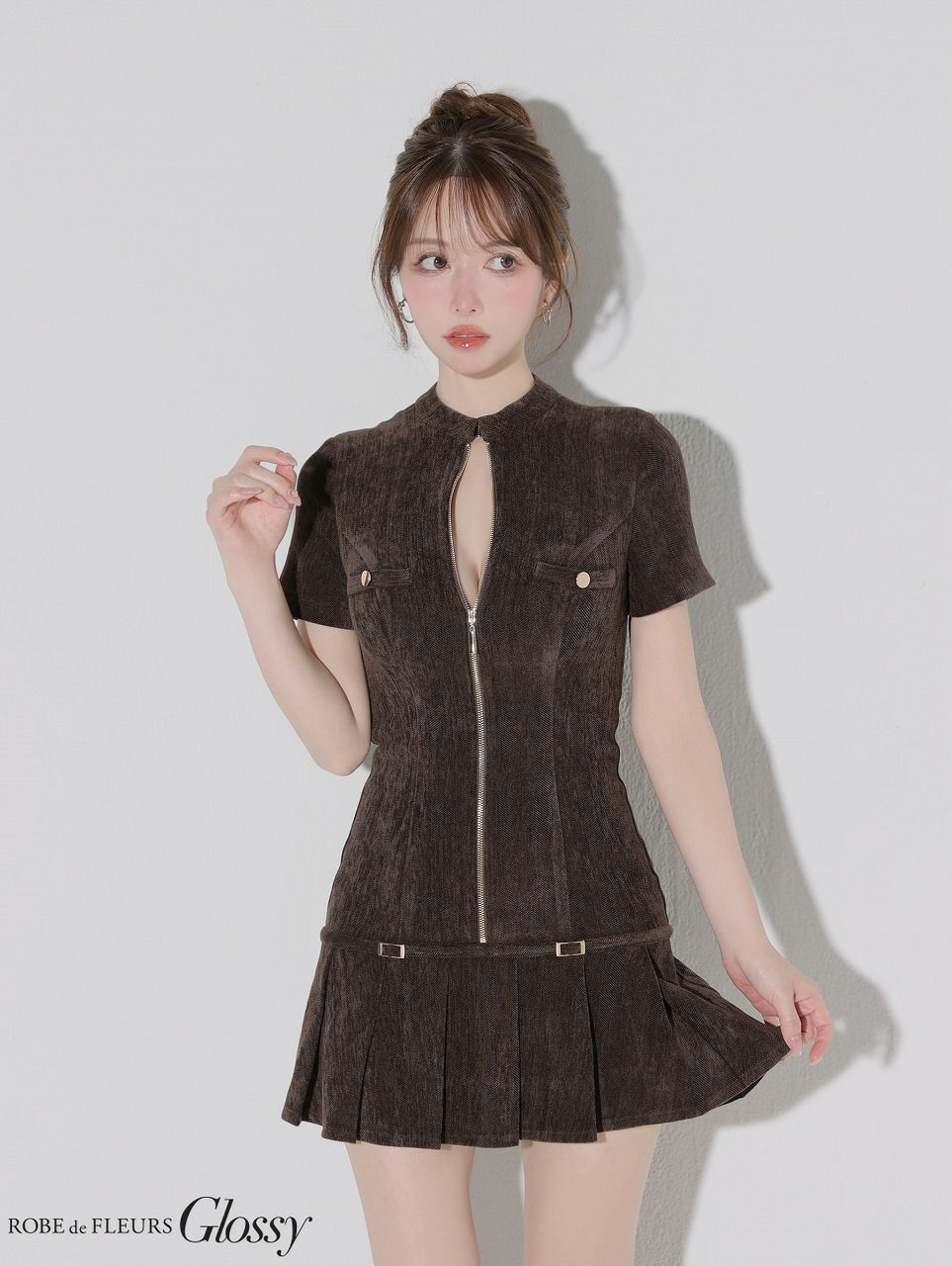 Glossy ローブドフルールグロッシー 【XSサイズあり】起毛ニットジップアップ半袖セットアップミニキャバドレス gl3964