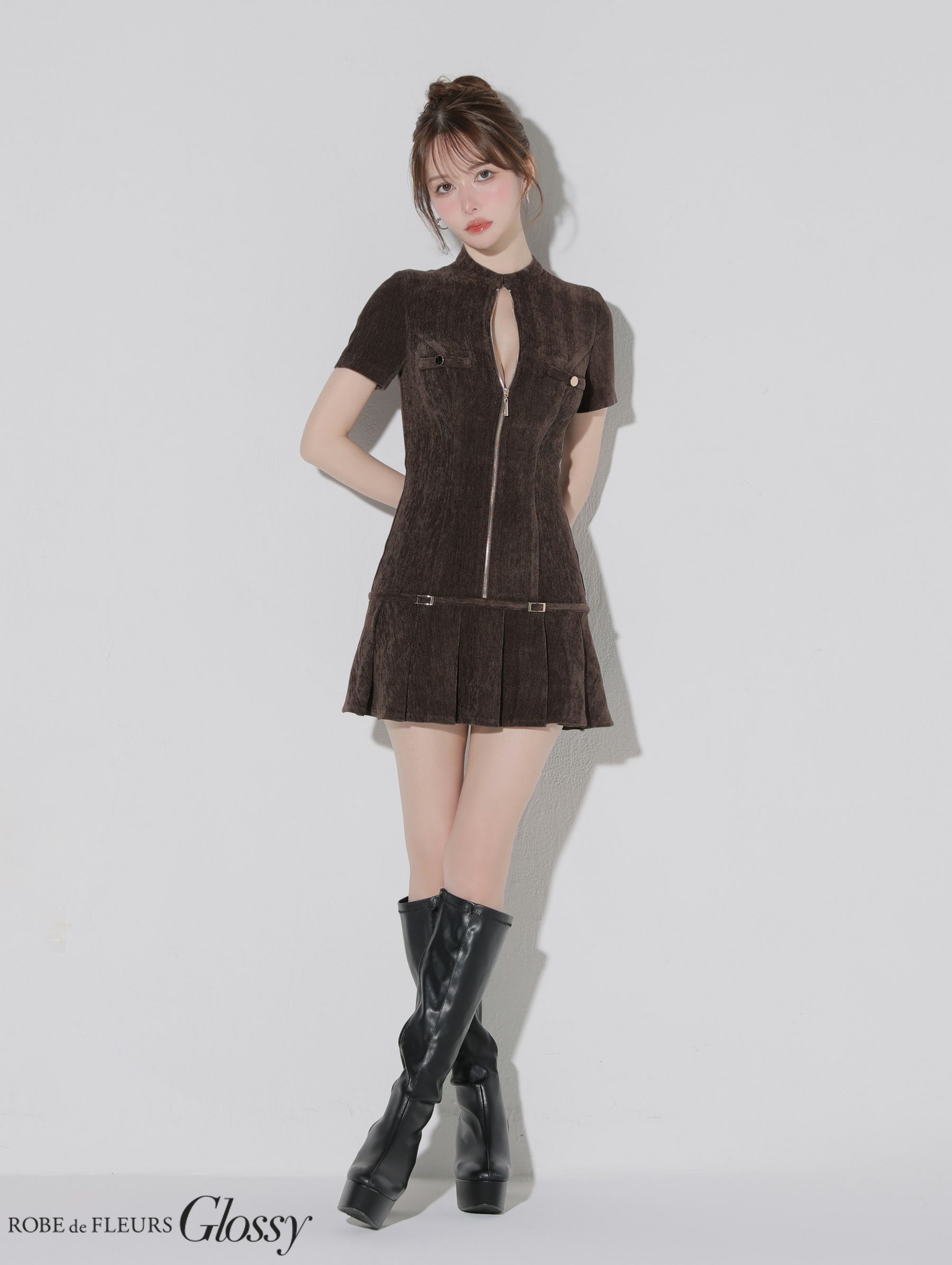 Glossy ローブドフルールグロッシー 【XSサイズあり】起毛ニットジップアップ半袖セットアップミニキャバドレス gl3964