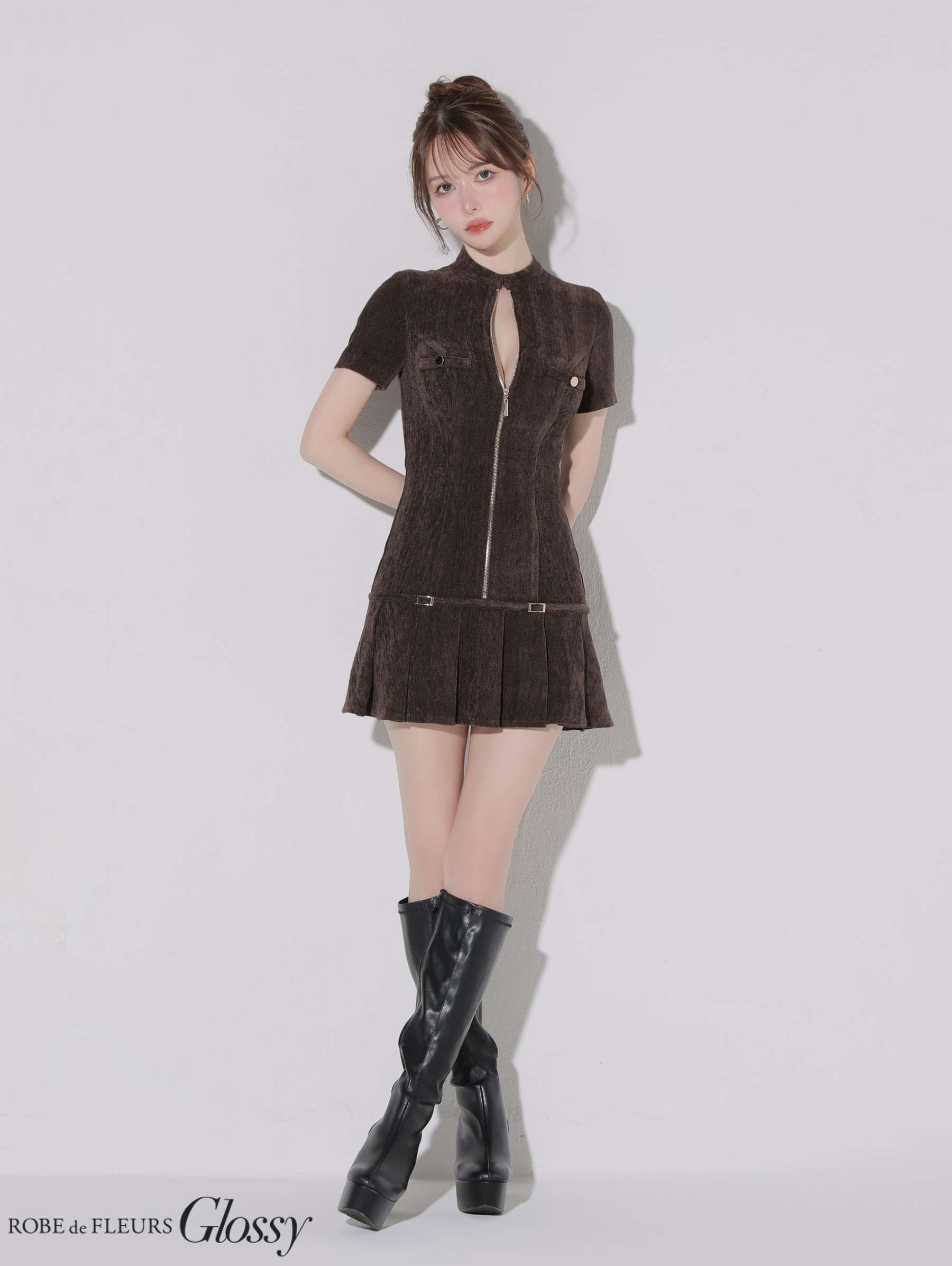 Glossy ローブドフルールグロッシー 【XSサイズあり】起毛ニットジップアップ半袖セットアップミニキャバドレス gl3964