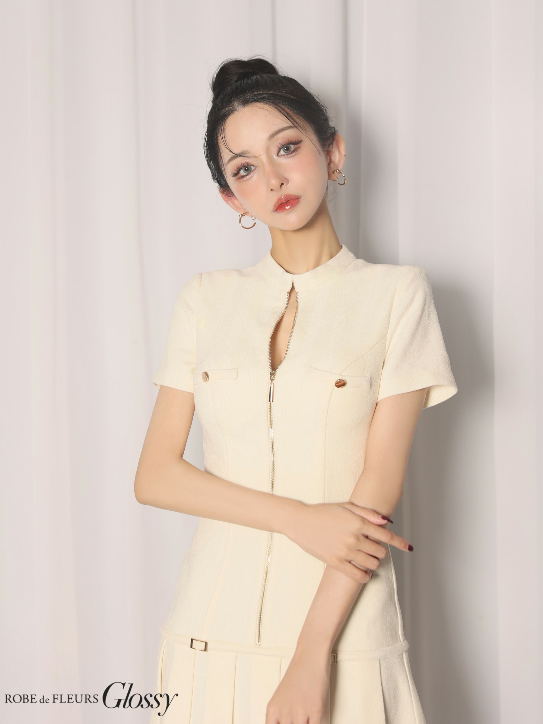 Glossy ローブドフルールグロッシー 【XSサイズあり】起毛ニットジップアップ半袖セットアップミニキャバドレス gl3964