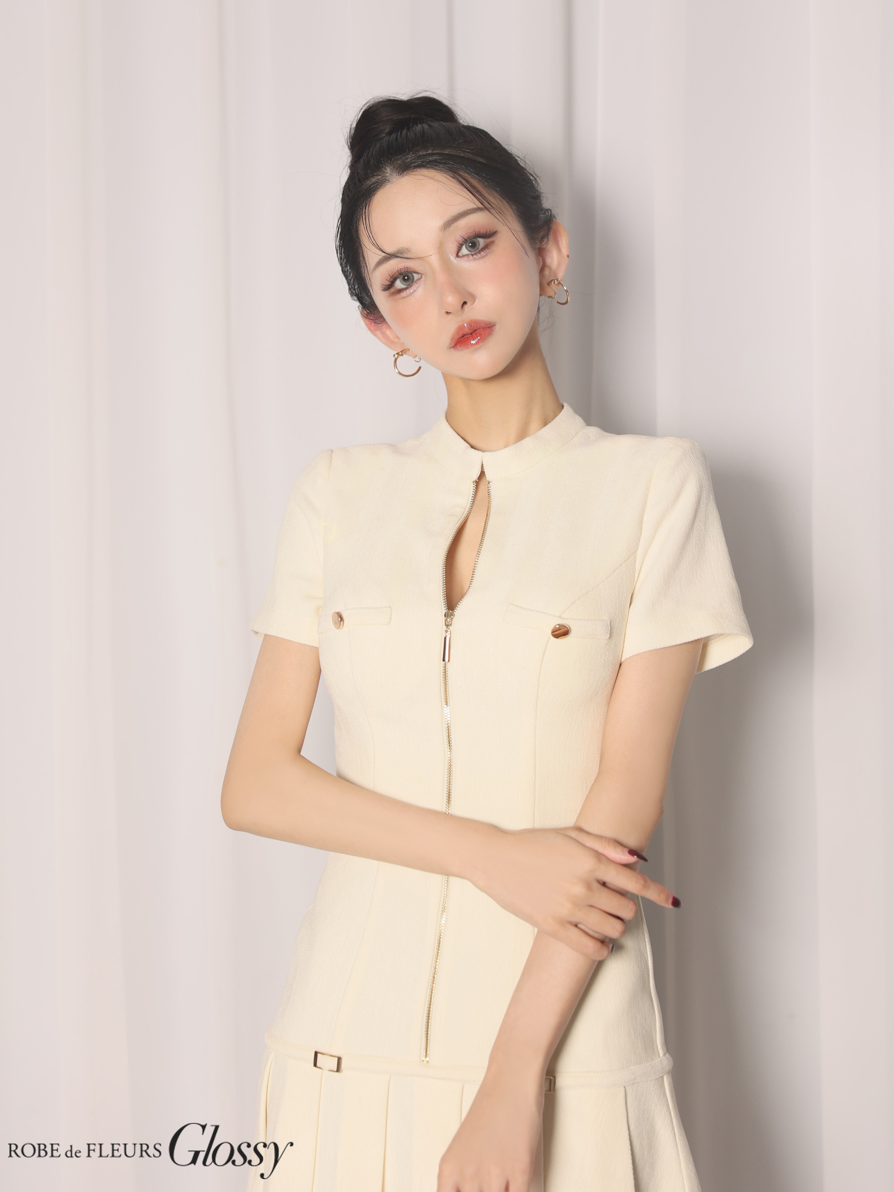 Glossy ローブドフルールグロッシー 【XSサイズあり】起毛ニットジップアップ半袖セットアップミニキャバドレス gl3964