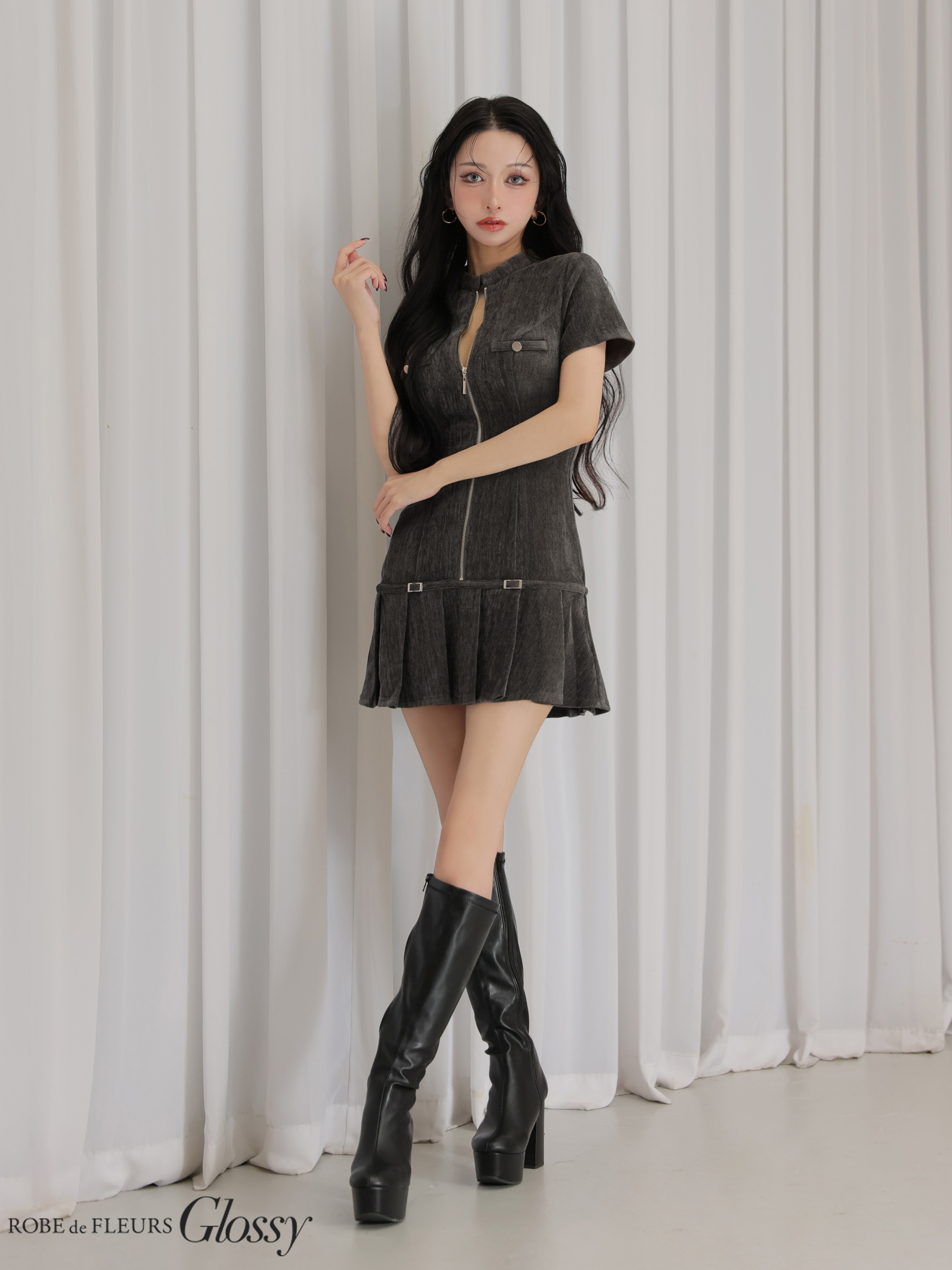 Glossy ローブドフルールグロッシー 【XSサイズあり】起毛ニットジップアップ半袖セットアップミニキャバドレス gl3964