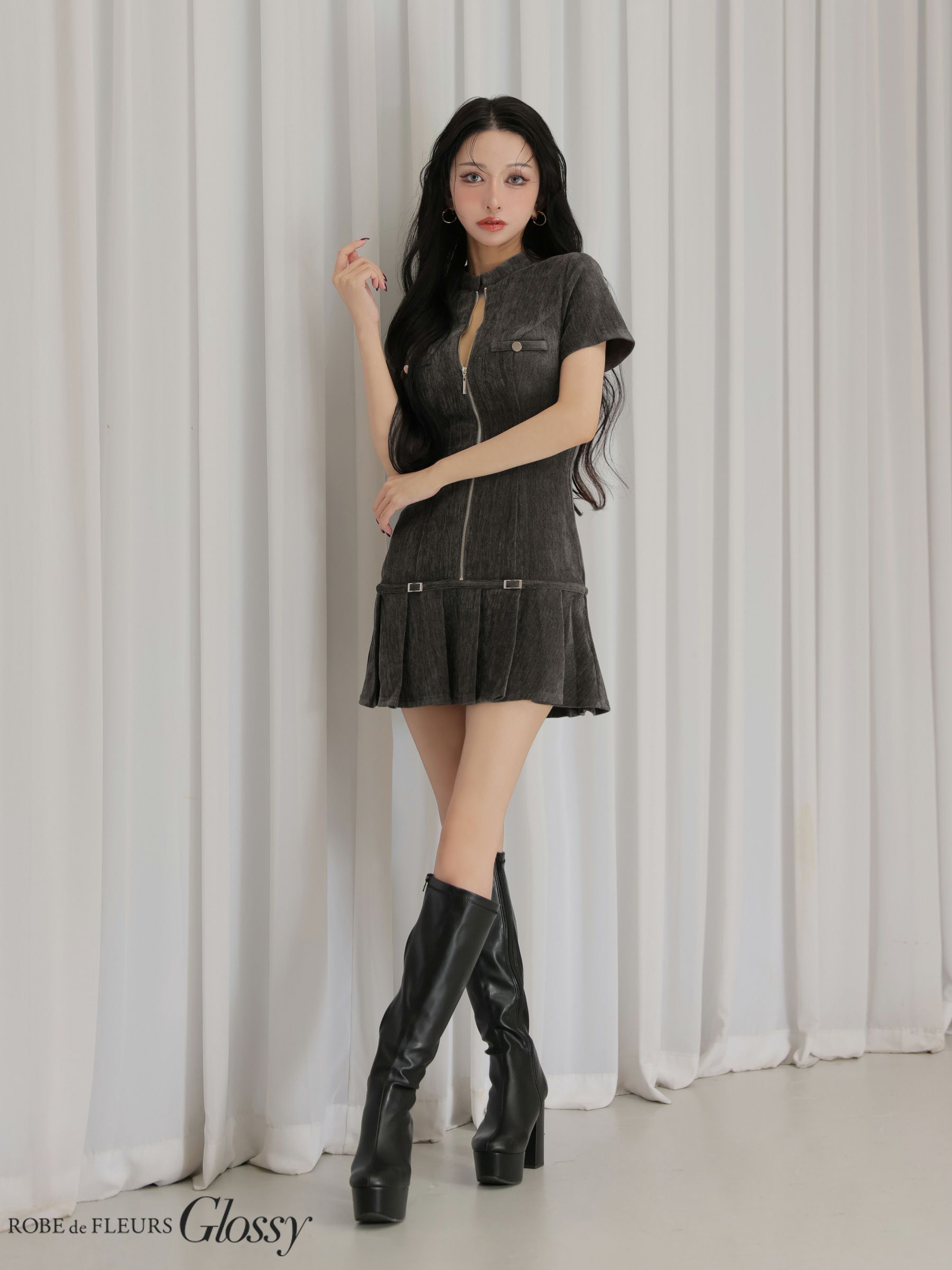 Glossy ローブドフルールグロッシー 【XSサイズあり】起毛ニットジップアップ半袖セットアップミニキャバドレス gl3964