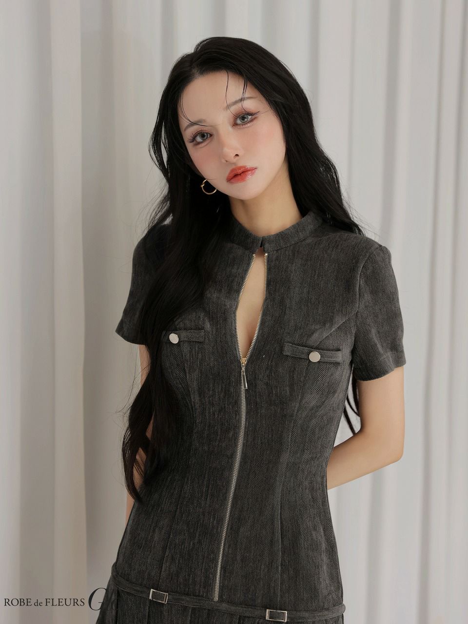 Glossy ローブドフルールグロッシー 【XSサイズあり】起毛ニットジップアップ半袖セットアップミニキャバドレス gl3964