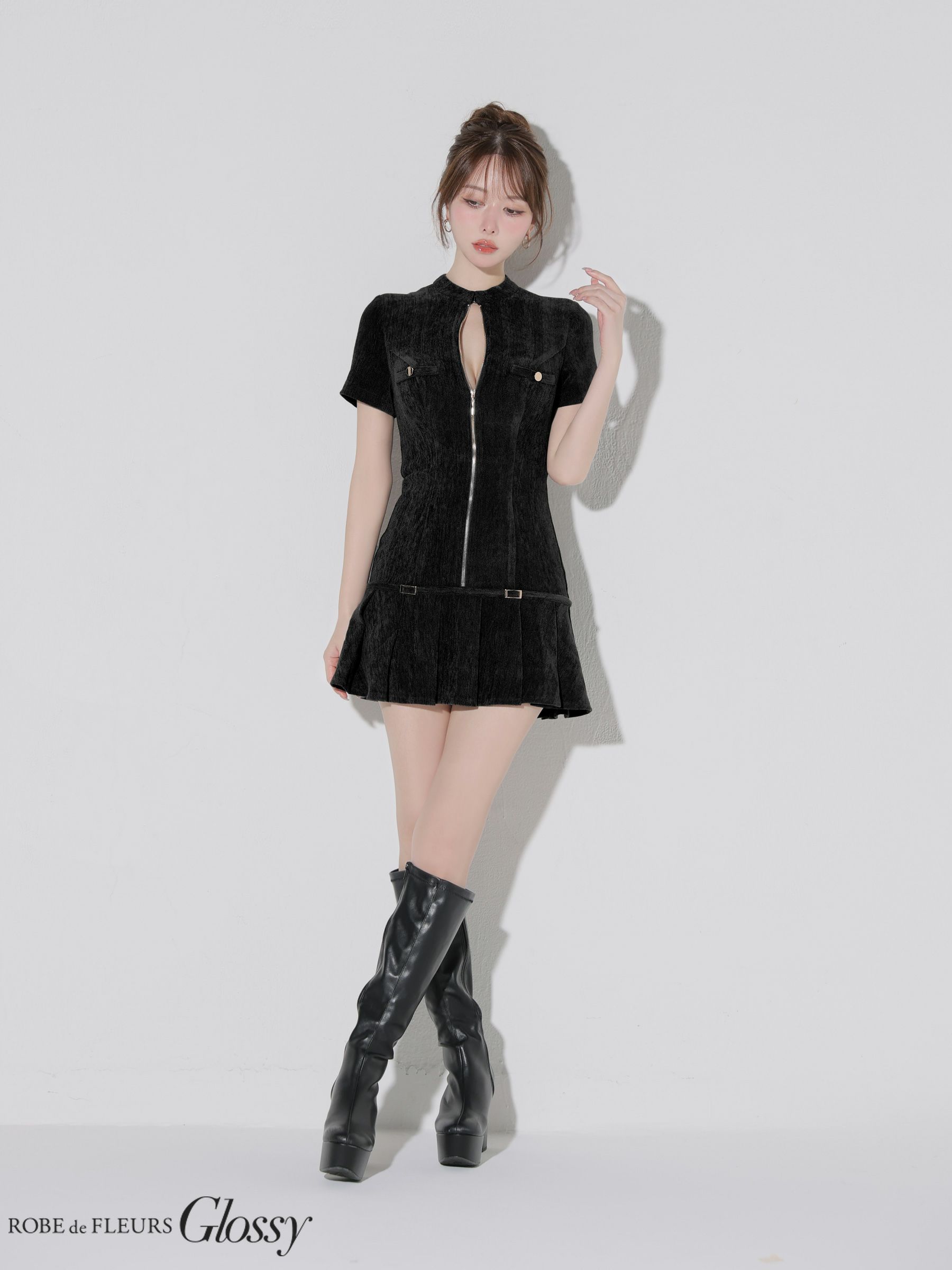 Glossy ローブドフルールグロッシー 【XSサイズあり】起毛ニットジップアップ半袖セットアップミニキャバドレス gl3964