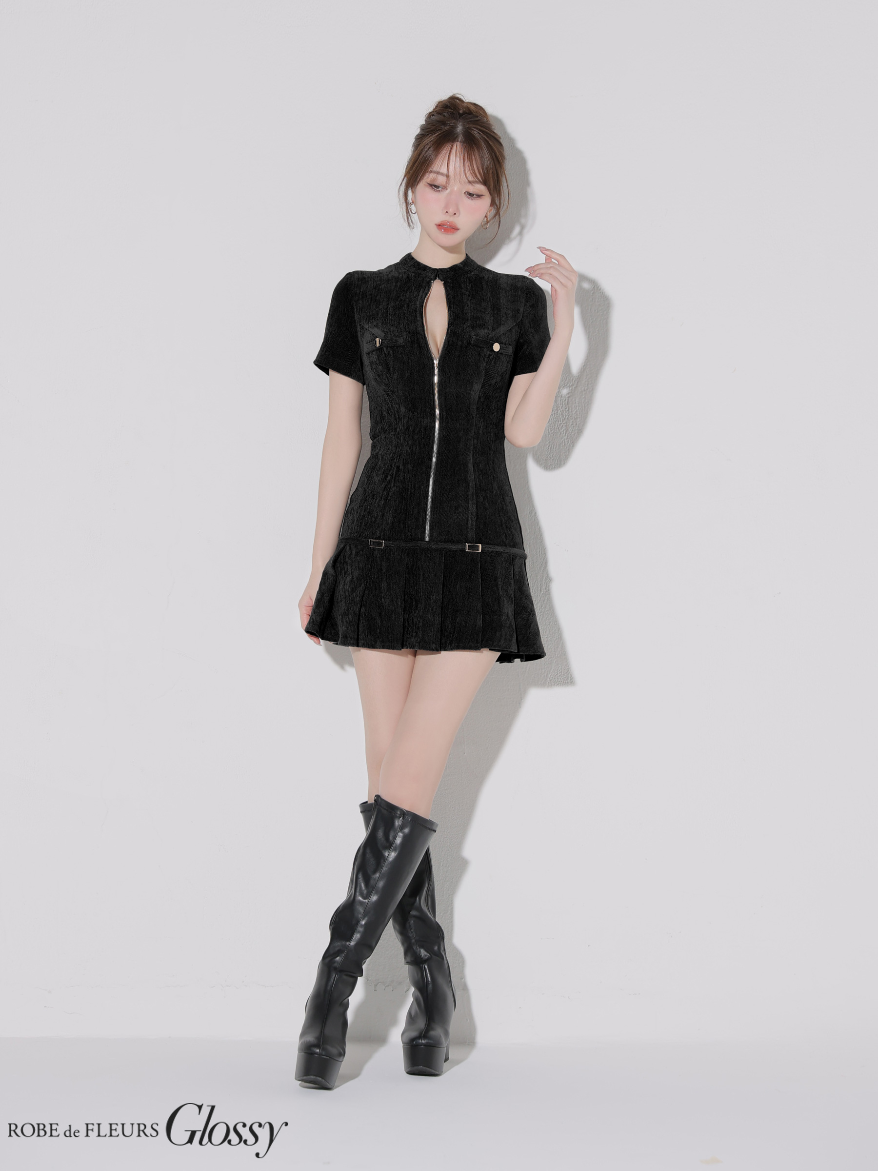 Glossy ローブドフルールグロッシー 【XSサイズあり】起毛ニットジップアップ半袖セットアップミニキャバドレス gl3964