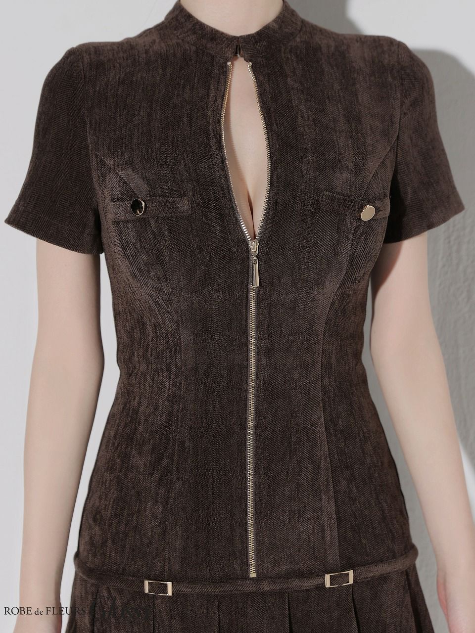 Glossy ローブドフルールグロッシー 【XSサイズあり】起毛ニットジップアップ半袖セットアップミニキャバドレス gl3964