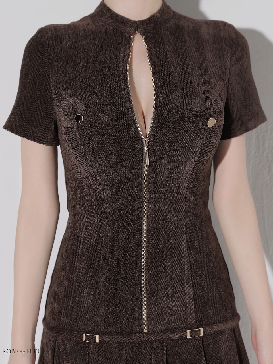 Glossy ローブドフルールグロッシー 【XSサイズあり】起毛ニットジップアップ半袖セットアップミニキャバドレス gl3964