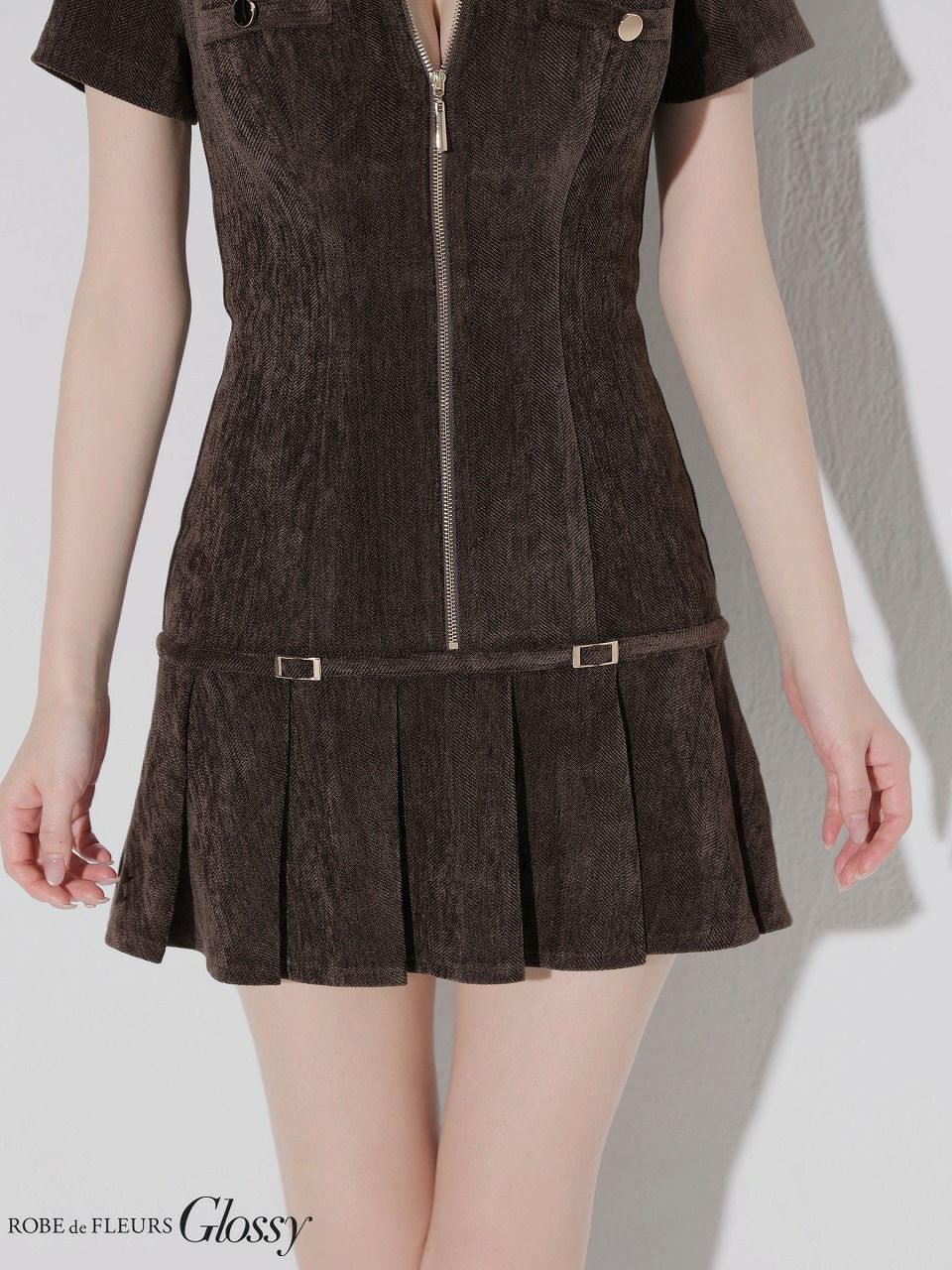 Glossy ローブドフルールグロッシー 【XSサイズあり】起毛ニットジップアップ半袖セットアップミニキャバドレス gl3964