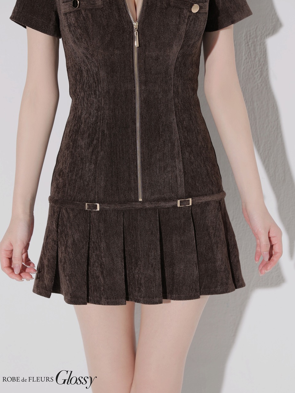 Glossy ローブドフルールグロッシー 【XSサイズあり】起毛ニットジップアップ半袖セットアップミニキャバドレス gl3964