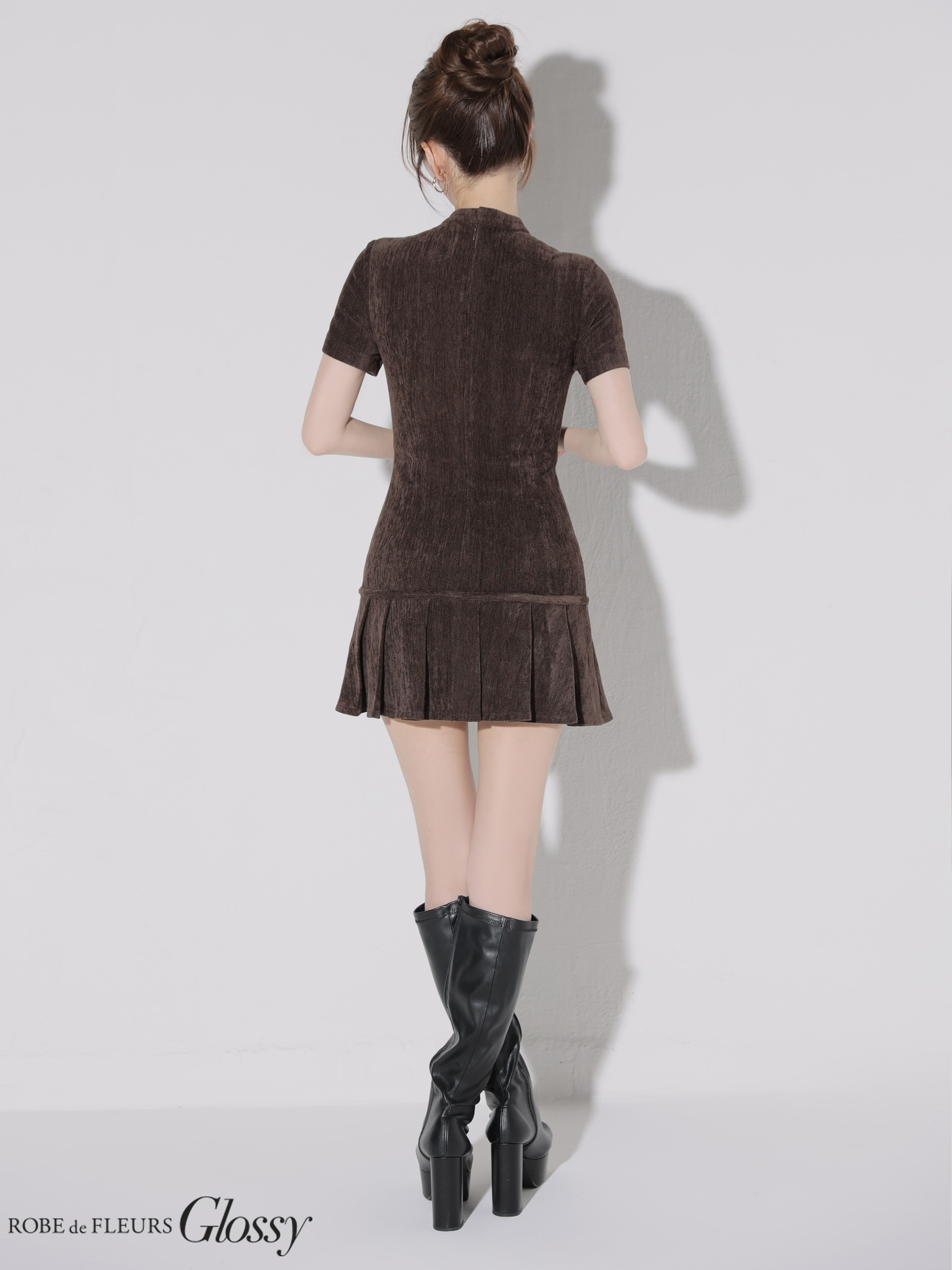 Glossy ローブドフルールグロッシー 【XSサイズあり】起毛ニットジップアップ半袖セットアップミニキャバドレス gl3964