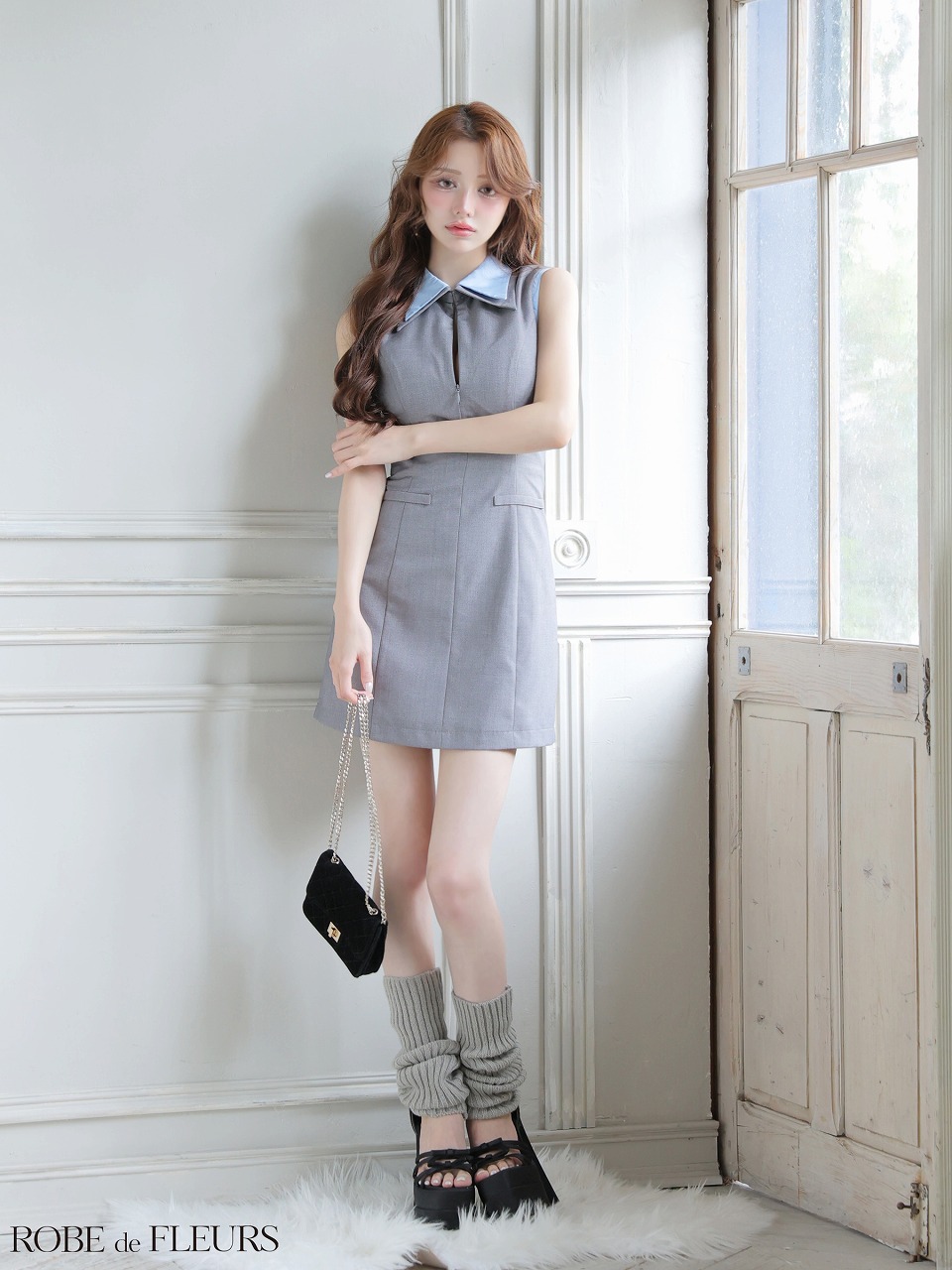 ROBE de FLEURS ローブドフルール 【XS～Lサイズあり】襟付きノースリーブタイトミニキャバドレス fm4228