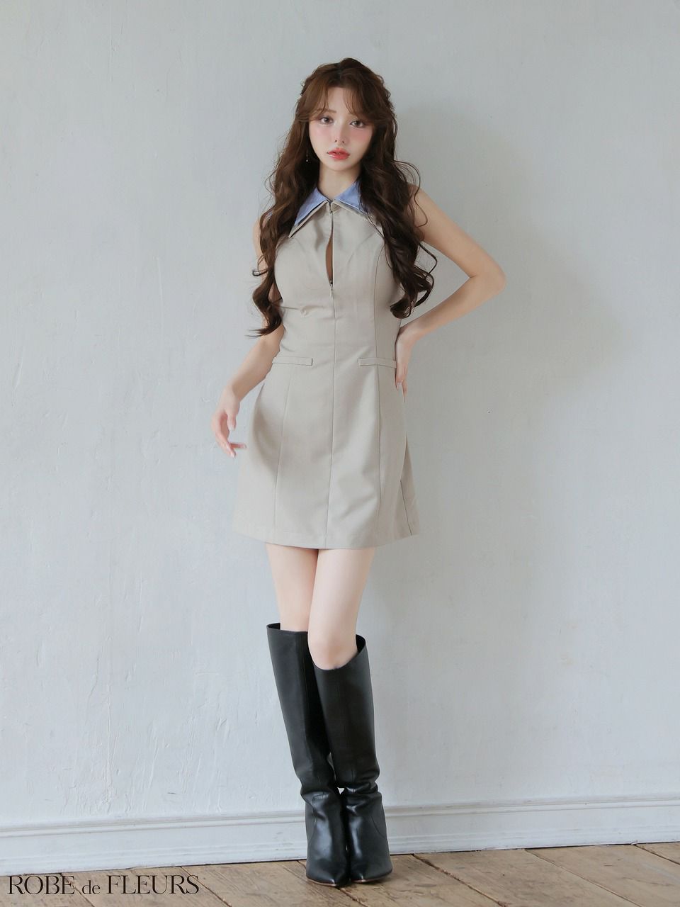 ROBE de FLEURS ローブドフルール 【XS～Lサイズあり】襟付きノースリーブタイトミニキャバドレス fm4228