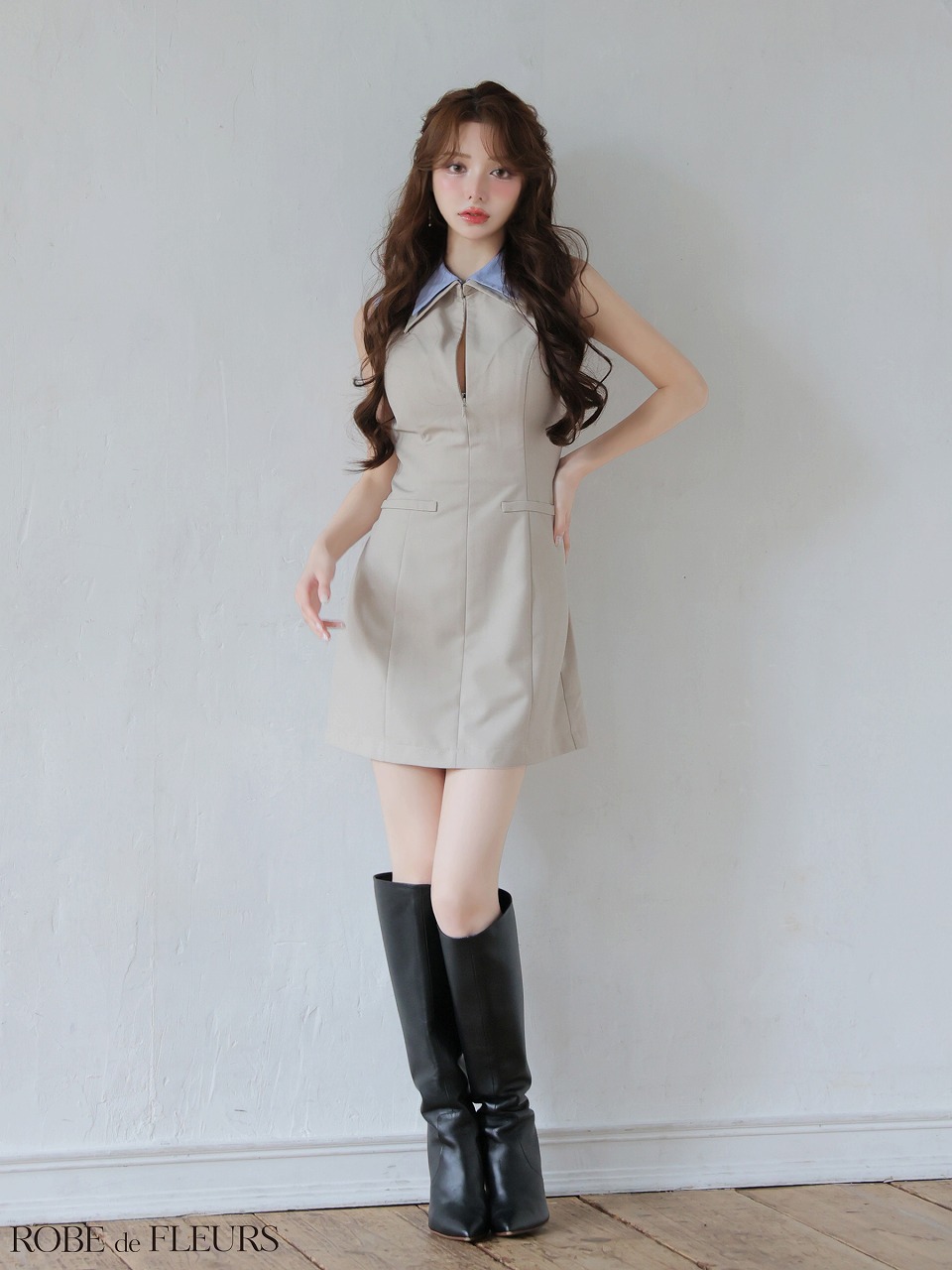 ROBE de FLEURS ローブドフルール 【XS～Lサイズあり】襟付きノースリーブタイトミニキャバドレス fm4228