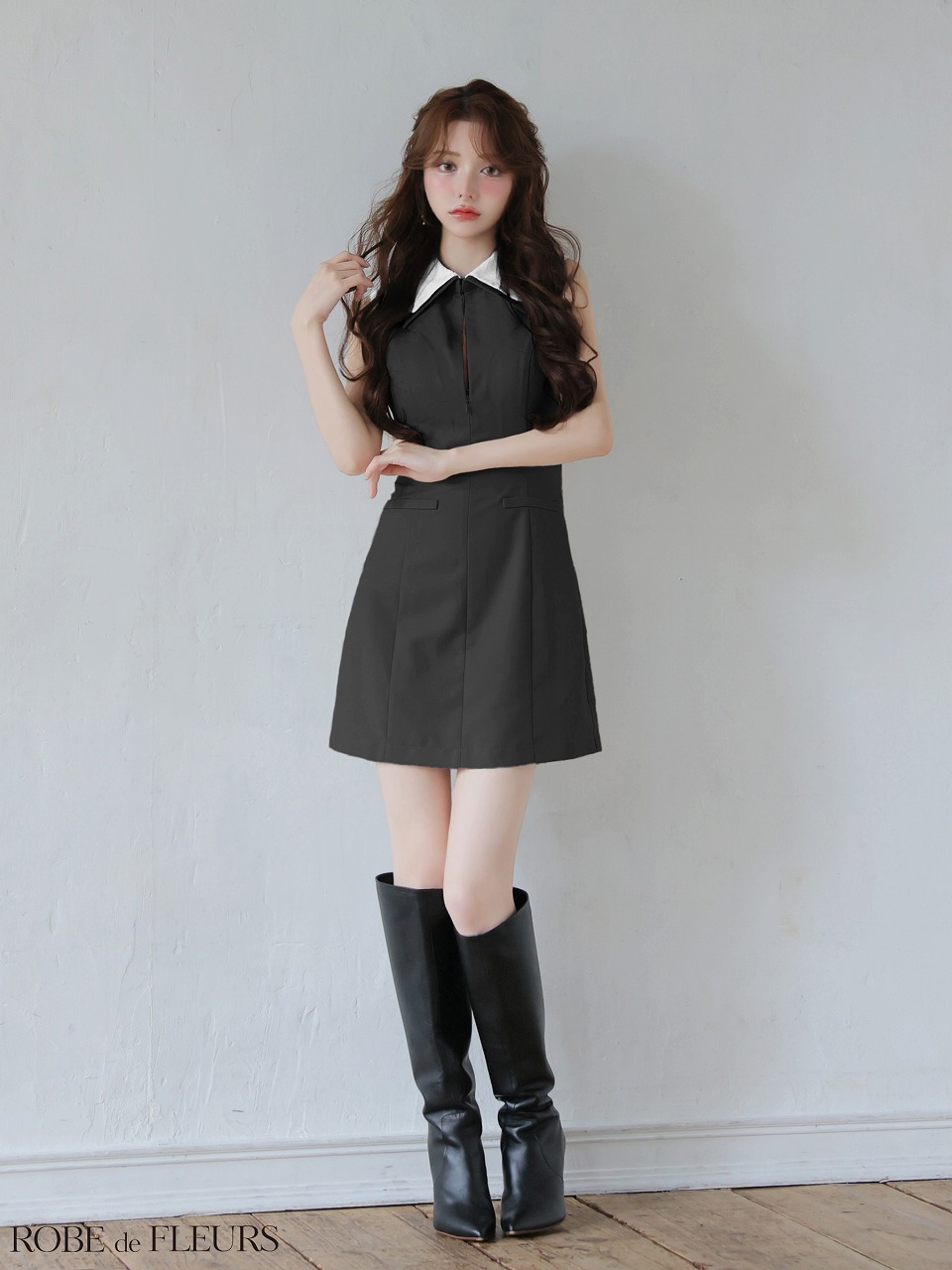 ROBE de FLEURS ローブドフルール 【XS～Lサイズあり】襟付きノースリーブタイトミニキャバドレス fm4228