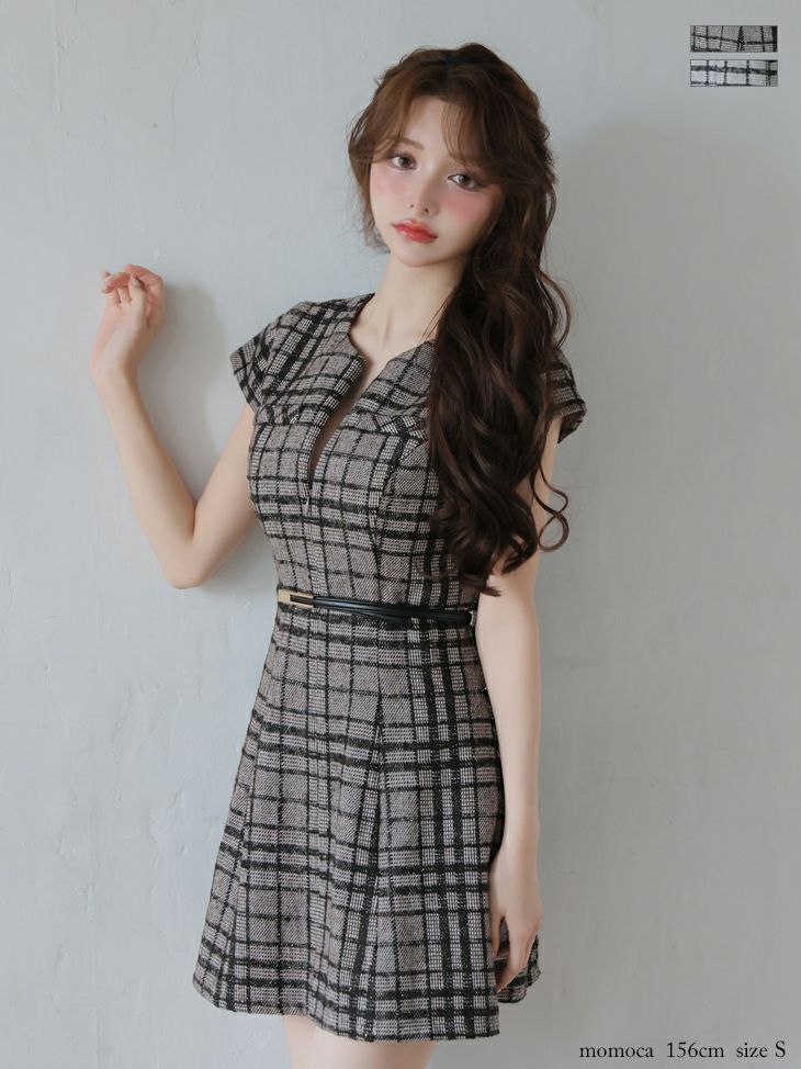 DEA. ディア バイ ローブドフルール 【XS～Lサイズあり】 チェックツイード袖付きプリーツスカートミニキャバドレス de4330