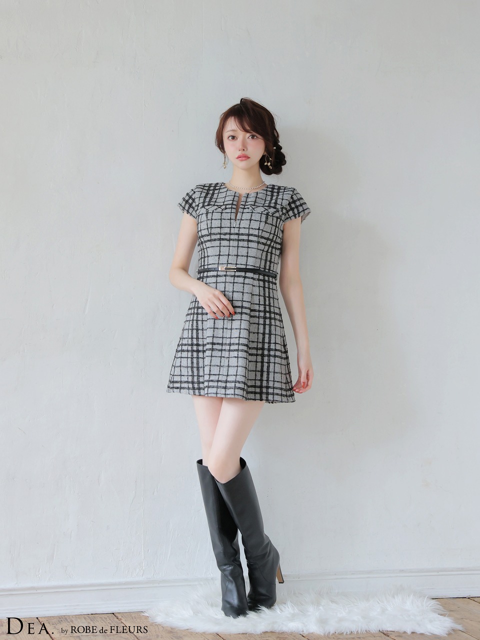 DEA. ディア バイ ローブドフルール 【XS～Lサイズあり】 チェックツイード袖付きプリーツスカートミニキャバドレス de4330