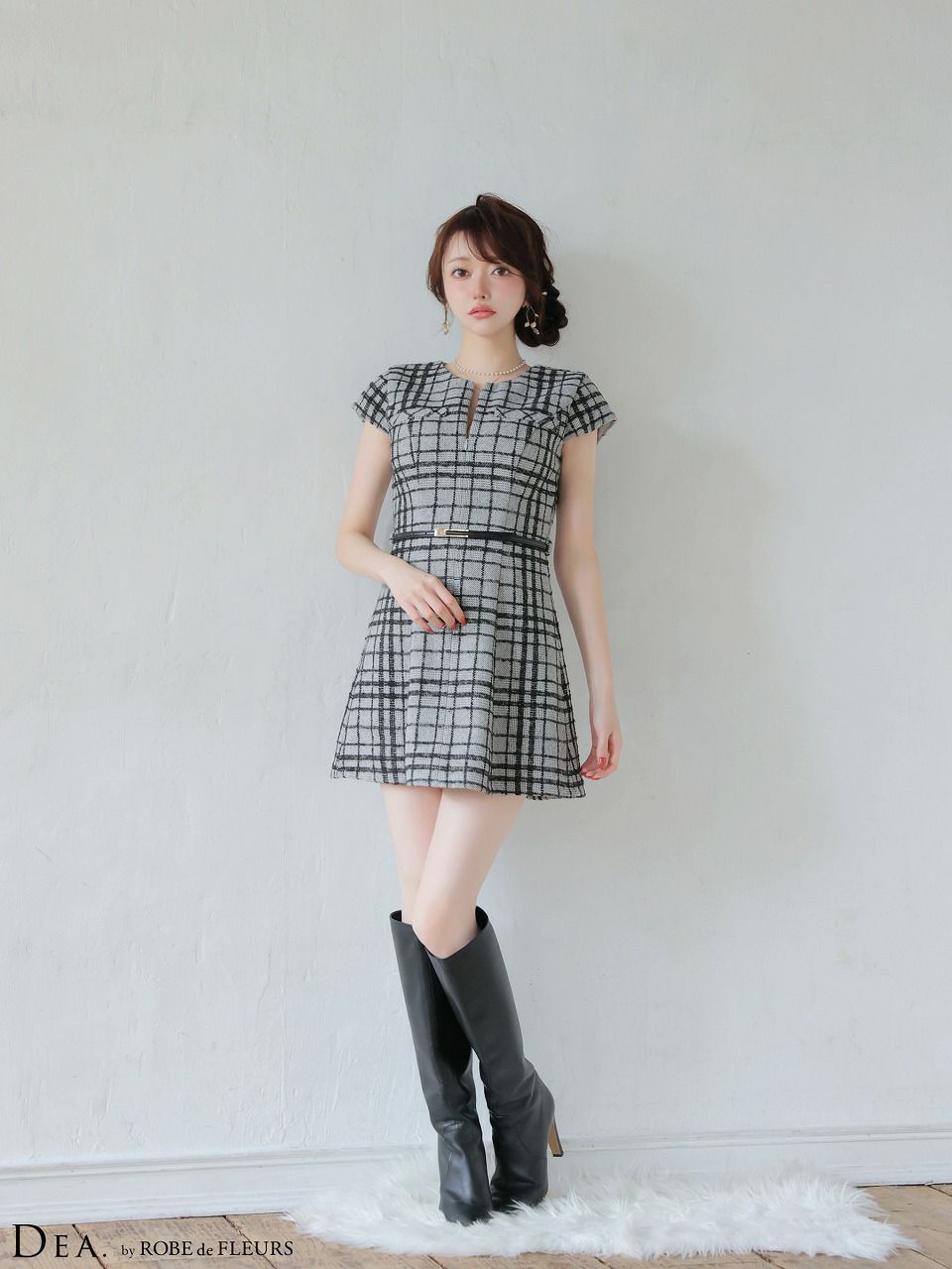 DEA. ディア バイ ローブドフルール 【XS～Lサイズあり】 チェックツイード袖付きプリーツスカートミニキャバドレス de4330