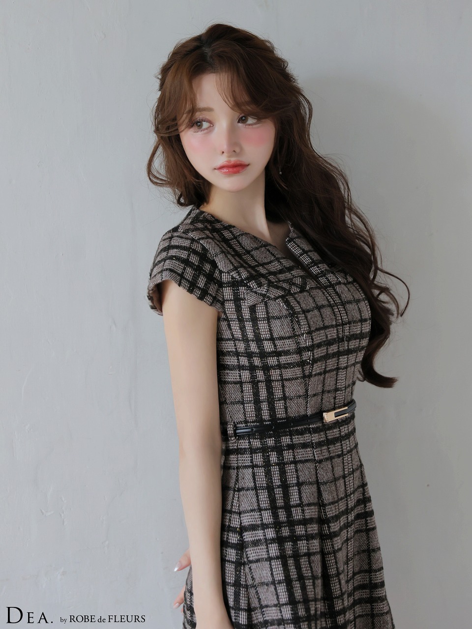 DEA. ディア バイ ローブドフルール 【XS～Lサイズあり】 チェックツイード袖付きプリーツスカートミニキャバドレス de4330