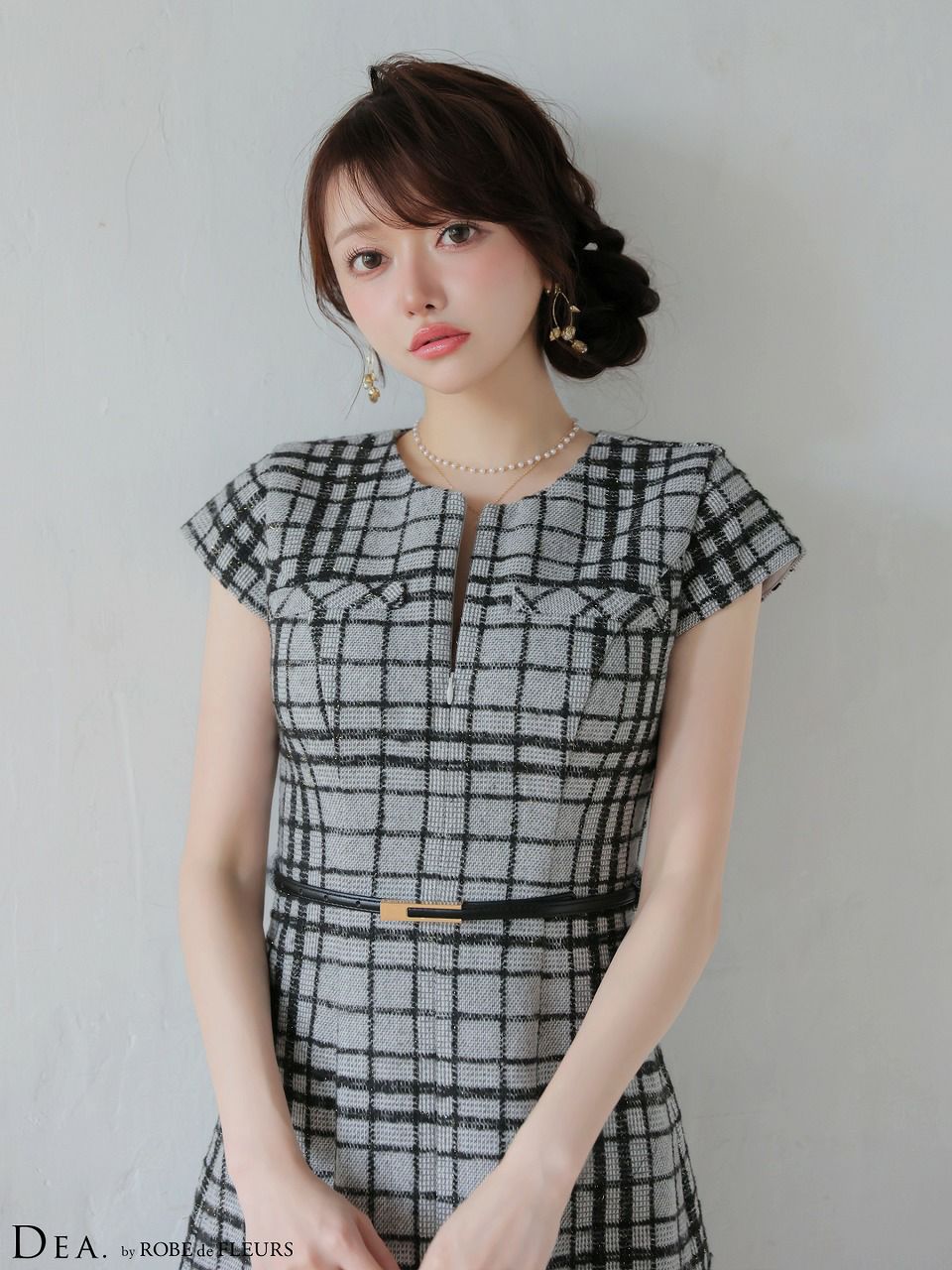 DEA. ディア バイ ローブドフルール 【XS～Lサイズあり】 チェックツイード袖付きプリーツスカートミニキャバドレス de4330