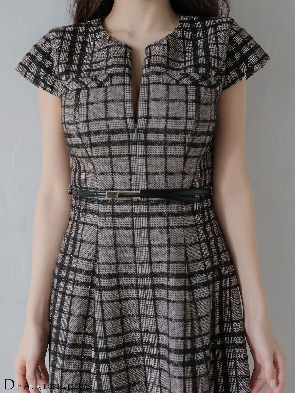 DEA. ディア バイ ローブドフルール 【XS～Lサイズあり】 チェックツイード袖付きプリーツスカートミニキャバドレス de4330