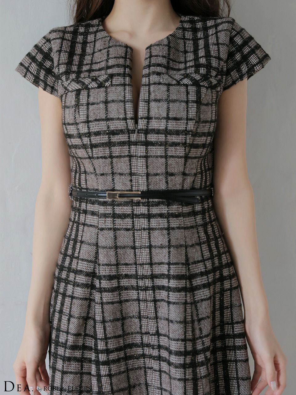DEA. ディア バイ ローブドフルール 【XS～Lサイズあり】 チェックツイード袖付きプリーツスカートミニキャバドレス de4330
