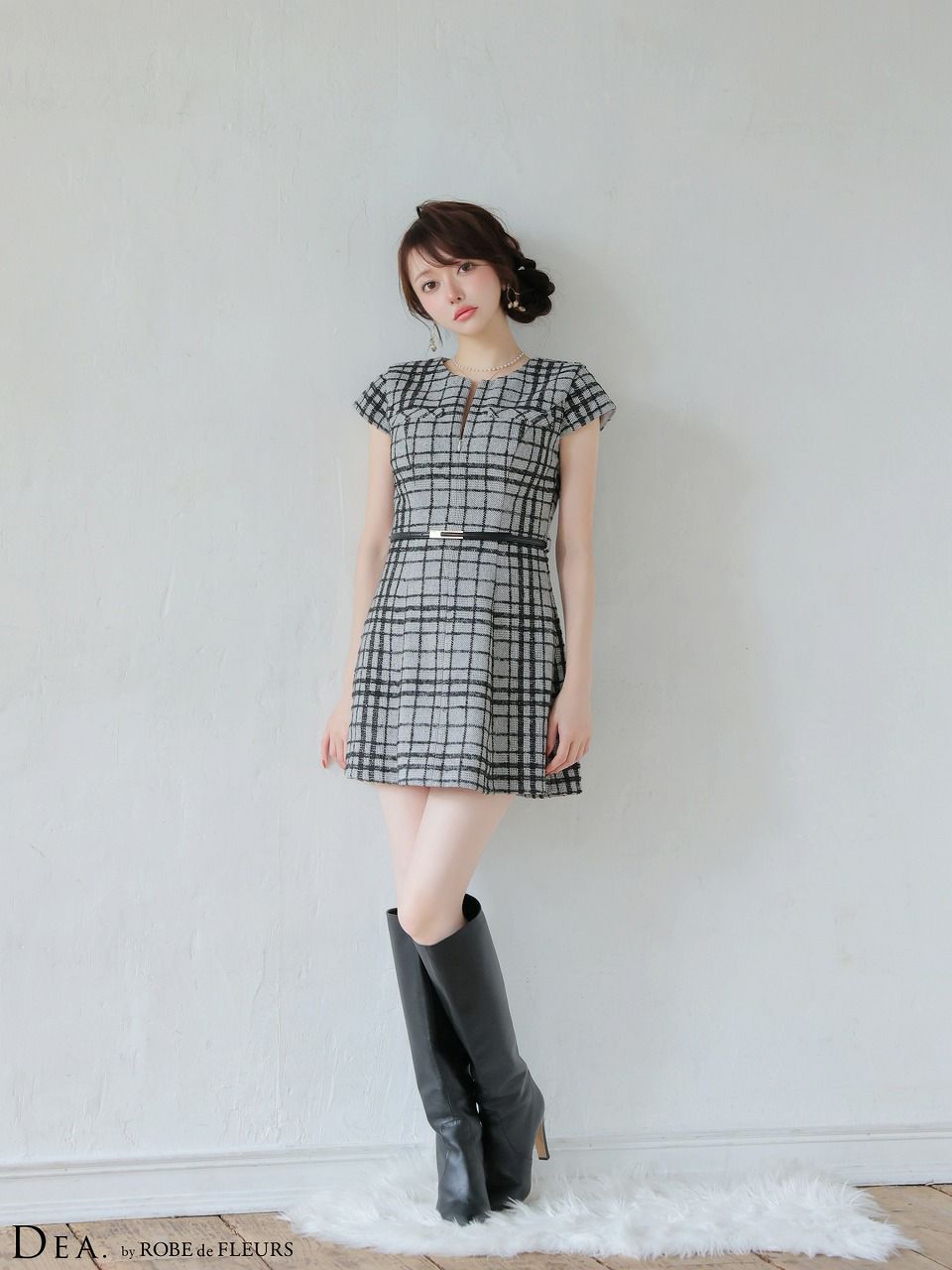 DEA. ディア バイ ローブドフルール 【XS～Lサイズあり】 チェックツイード袖付きプリーツスカートミニキャバドレス de4330
