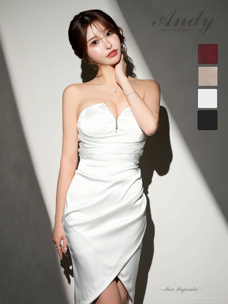 Andy アンディ サテン ベアトップ フロントジップ タックデザイン アシンメトリー タイト ミディアムドレス an-on3030