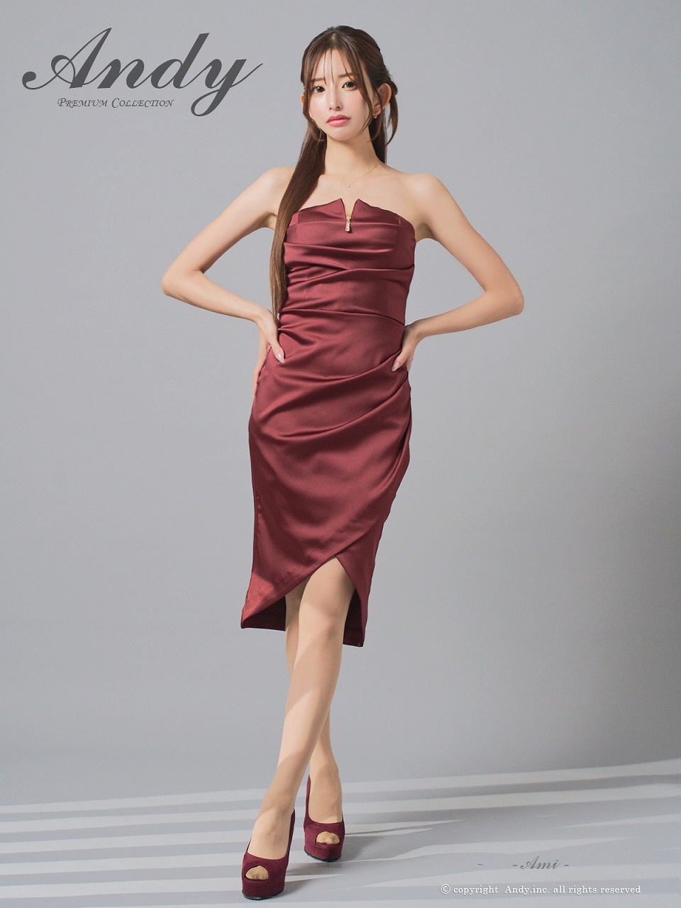 Andy アンディ サテン ベアトップ フロントジップ タックデザイン アシンメトリー タイト ミディアムドレス an-on3030