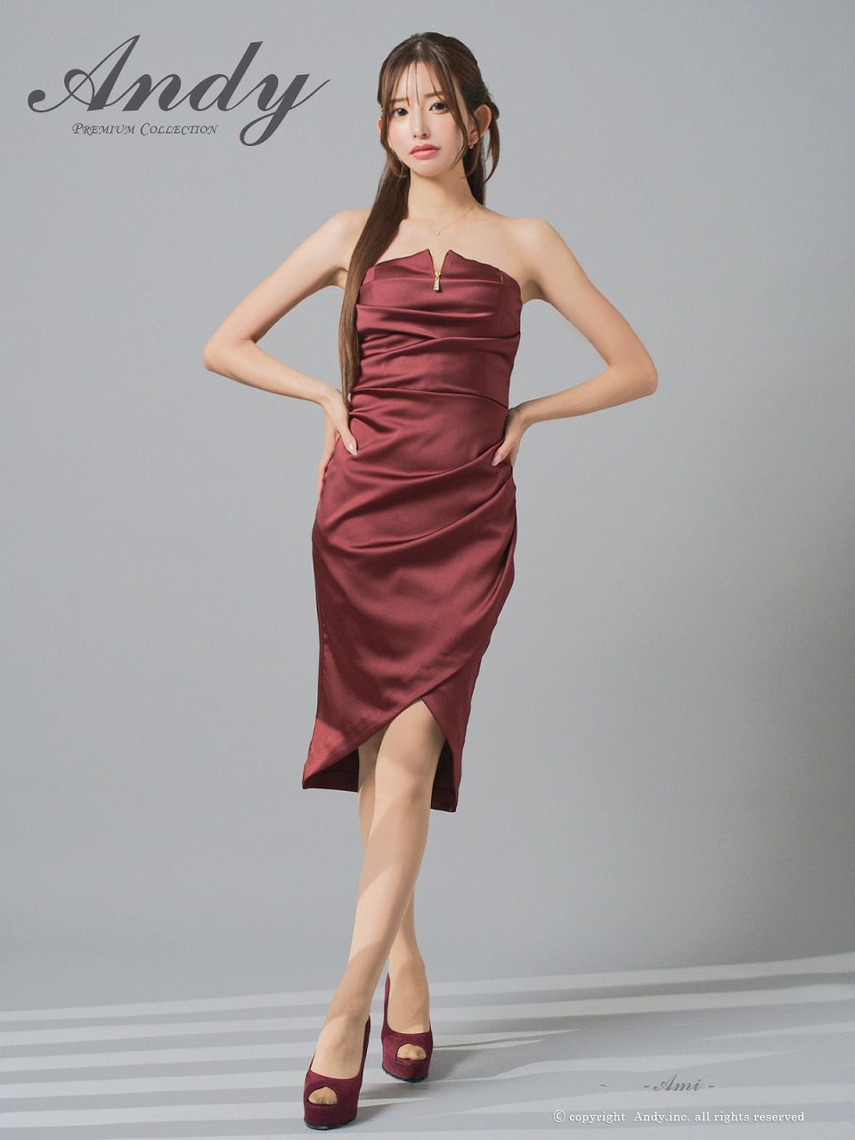 Andy アンディ サテン ベアトップ フロントジップ タックデザイン アシンメトリー タイト ミディアムドレス an-on3030