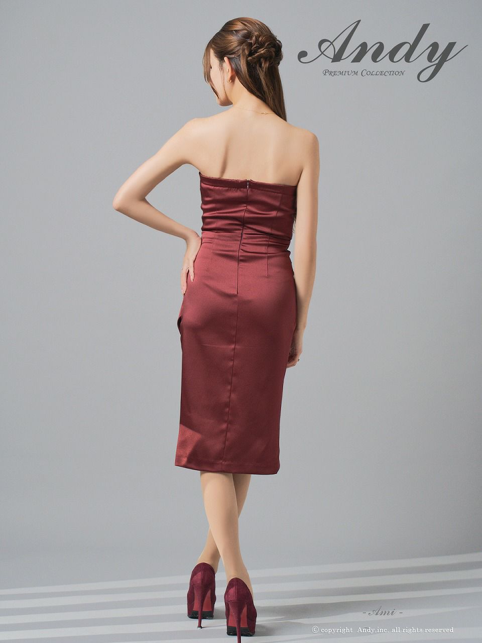 Andy アンディ サテン ベアトップ フロントジップ タックデザイン アシンメトリー タイト ミディアムドレス an-on3030