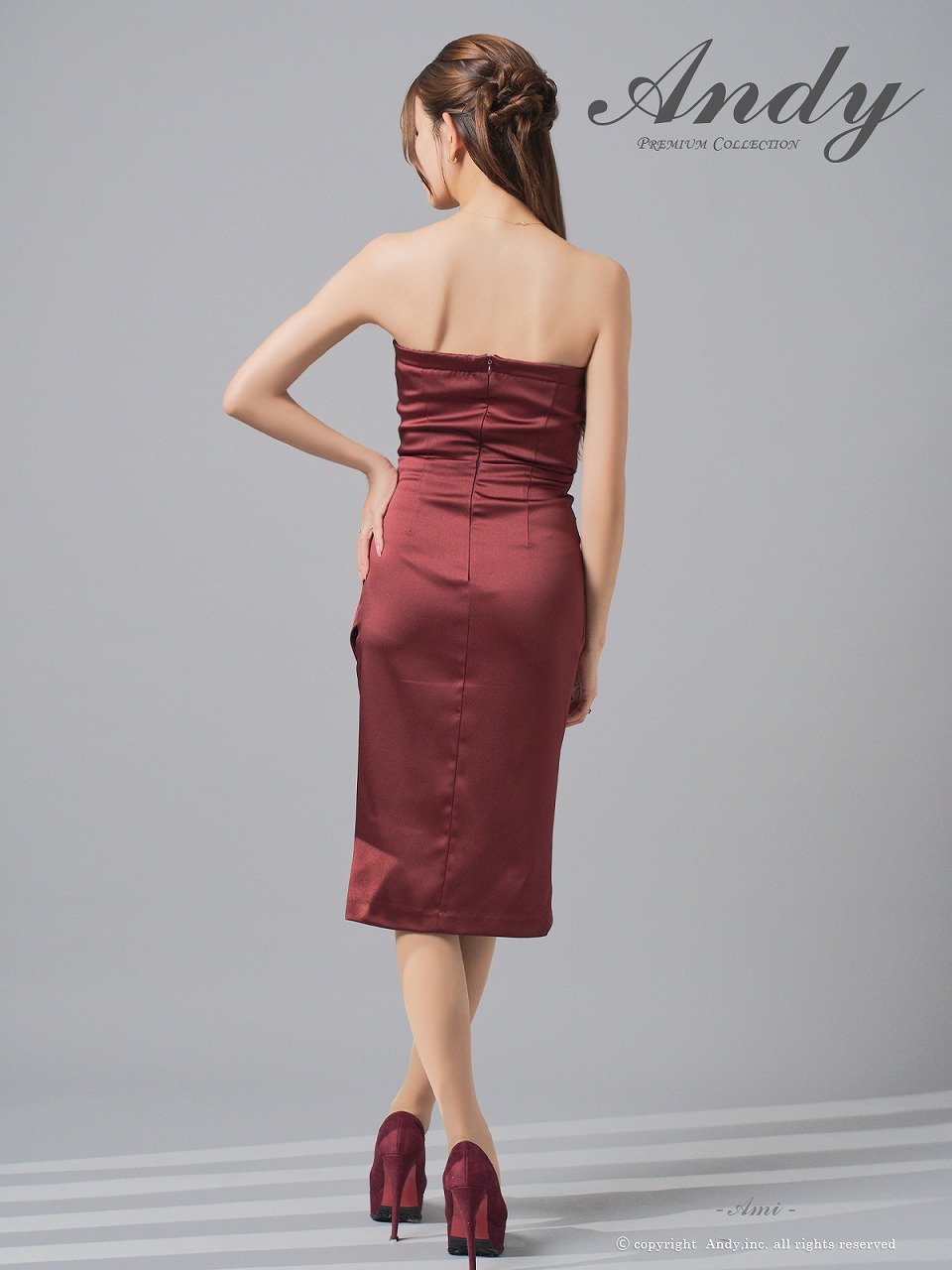 Andy アンディ サテン ベアトップ フロントジップ タックデザイン アシンメトリー タイト ミディアムドレス an-on3030