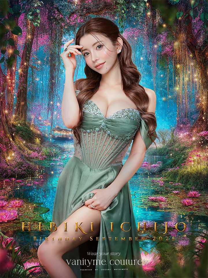 vanityME.couture. バニティミークチュール 一条響ちゃん 着用 オフショル サテン ビジュー コルセット スリット入り  ロングドレス バースデードレス セージ vctr-l-cd297